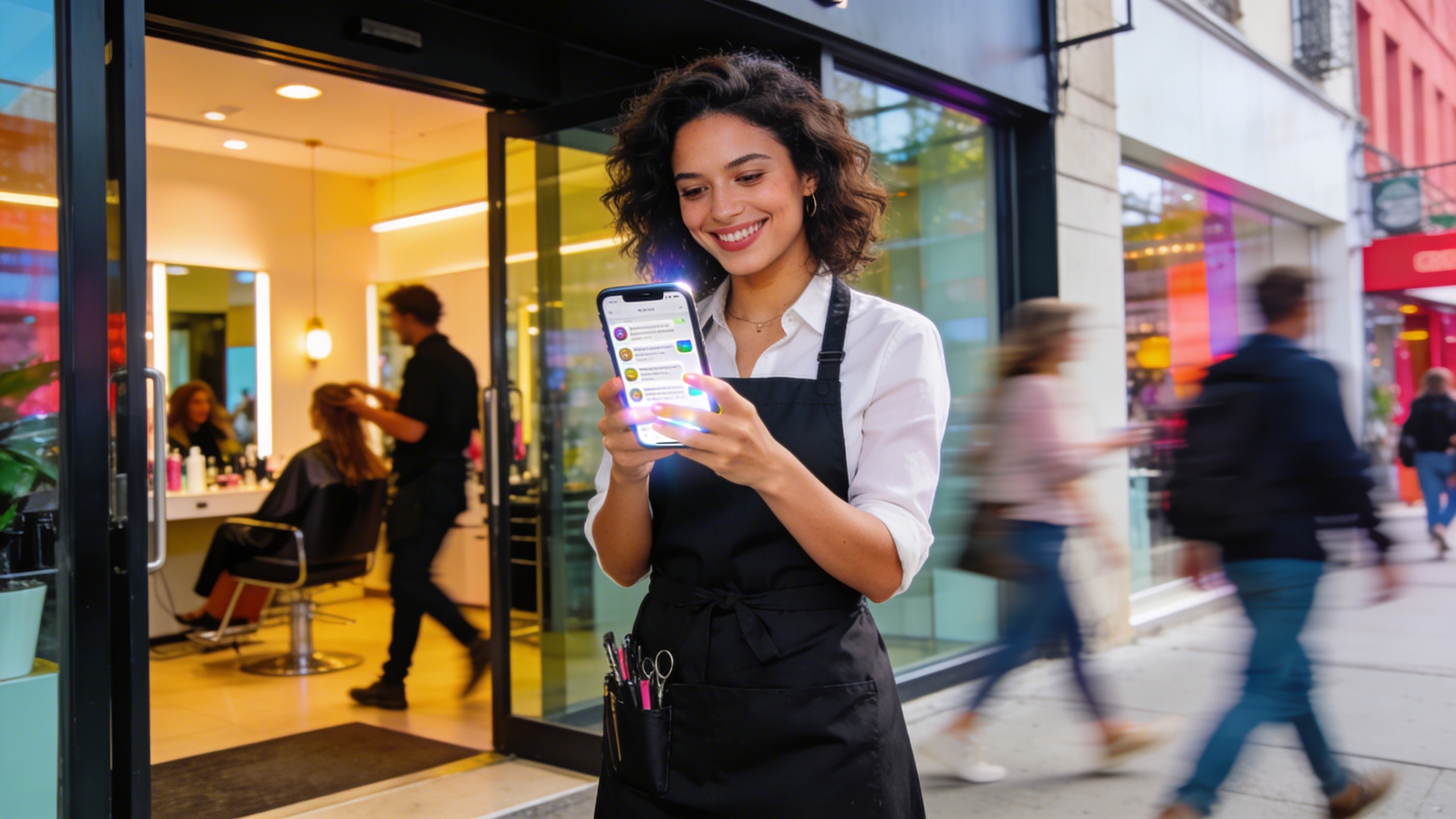 Coiffeuse dynamique et souriante, devant son salon de coiffure moderne et lumineux, regardant son smartphone avec un flux de clients qui entrent et sortent, reflétant une activité intense et réussie grâce au marketing digital, style photo éditorial magazine, couleurs vives et ambiance positive.