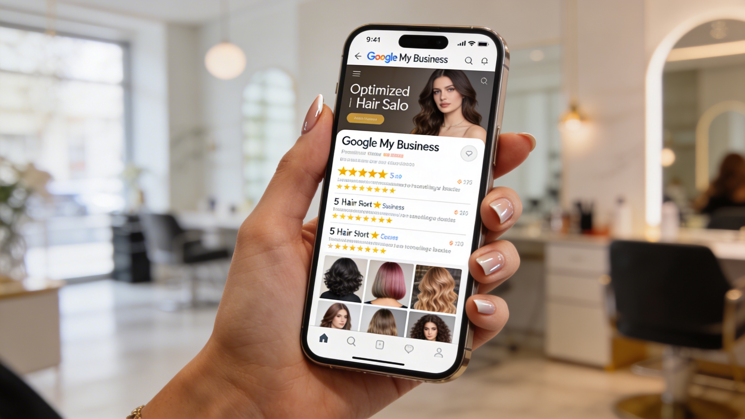 Gros plan sur un smartphone affichant la fiche Google My Business d'un salon de coiffure avec des avis 5 étoiles et des photos attrayantes de coupes de cheveux, tenu par une main élégante sur fond flou d'un salon moderne, style photo éditorial magazine, lumière douce et naturelle.
