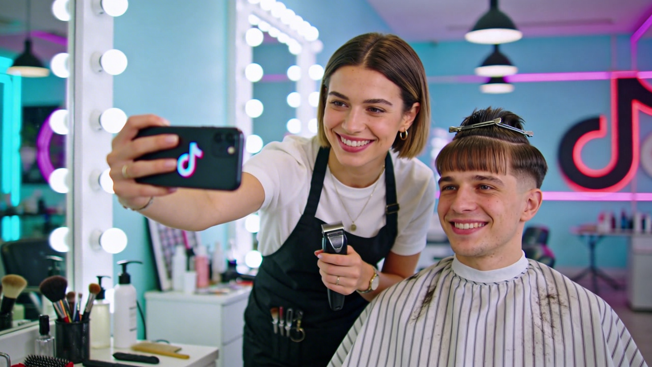 Coiffeuse souriante et stylée en train de filmer un Reel TikTok avec un client satisfait dont la coiffure est fraîchement réalisée, dans un salon moderne et lumineux, ambiance dynamique et tendance, lumière naturelle, style photo éditorial magazine, couleurs vibrantes.