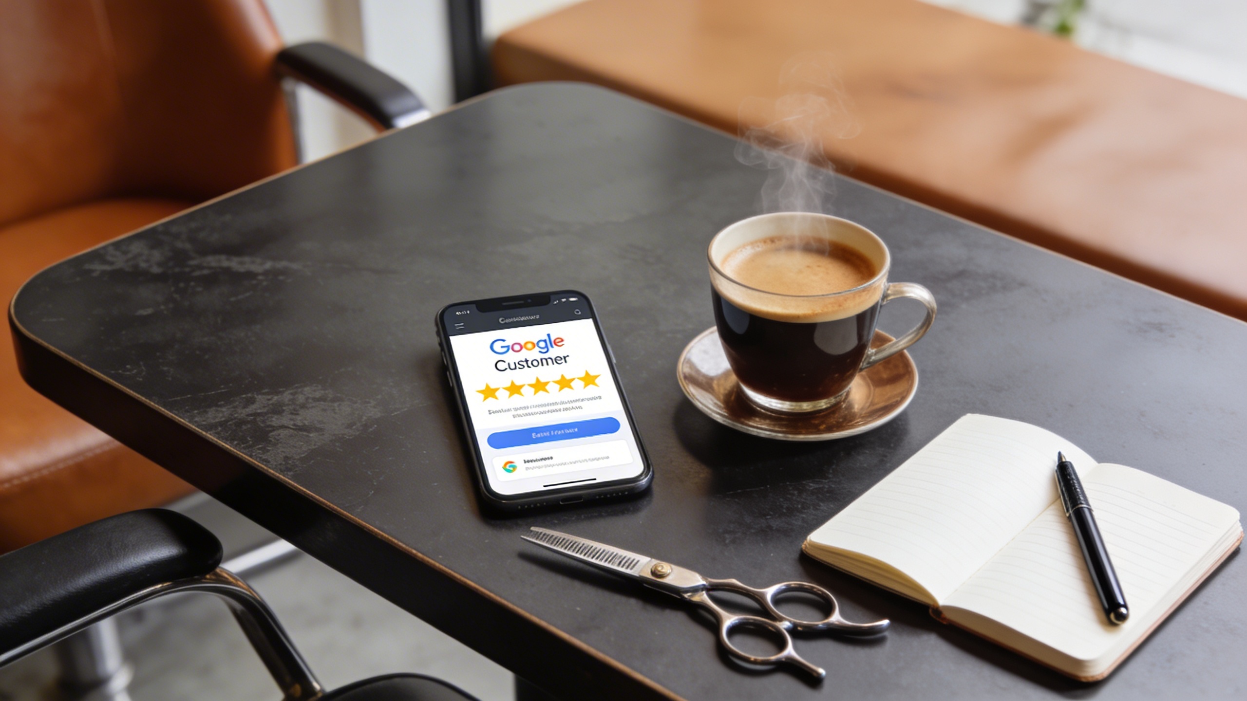 Vue de dessus d'une table de café chic avec un smartphone affichant des avis clients positifs 5 étoiles sur Google pour un salon de coiffure, à côté d'une tasse de café fumante, des ciseaux de coiffeur et un petit carnet, ambiance cosy et professionnelle, style photo éditorial magazine.