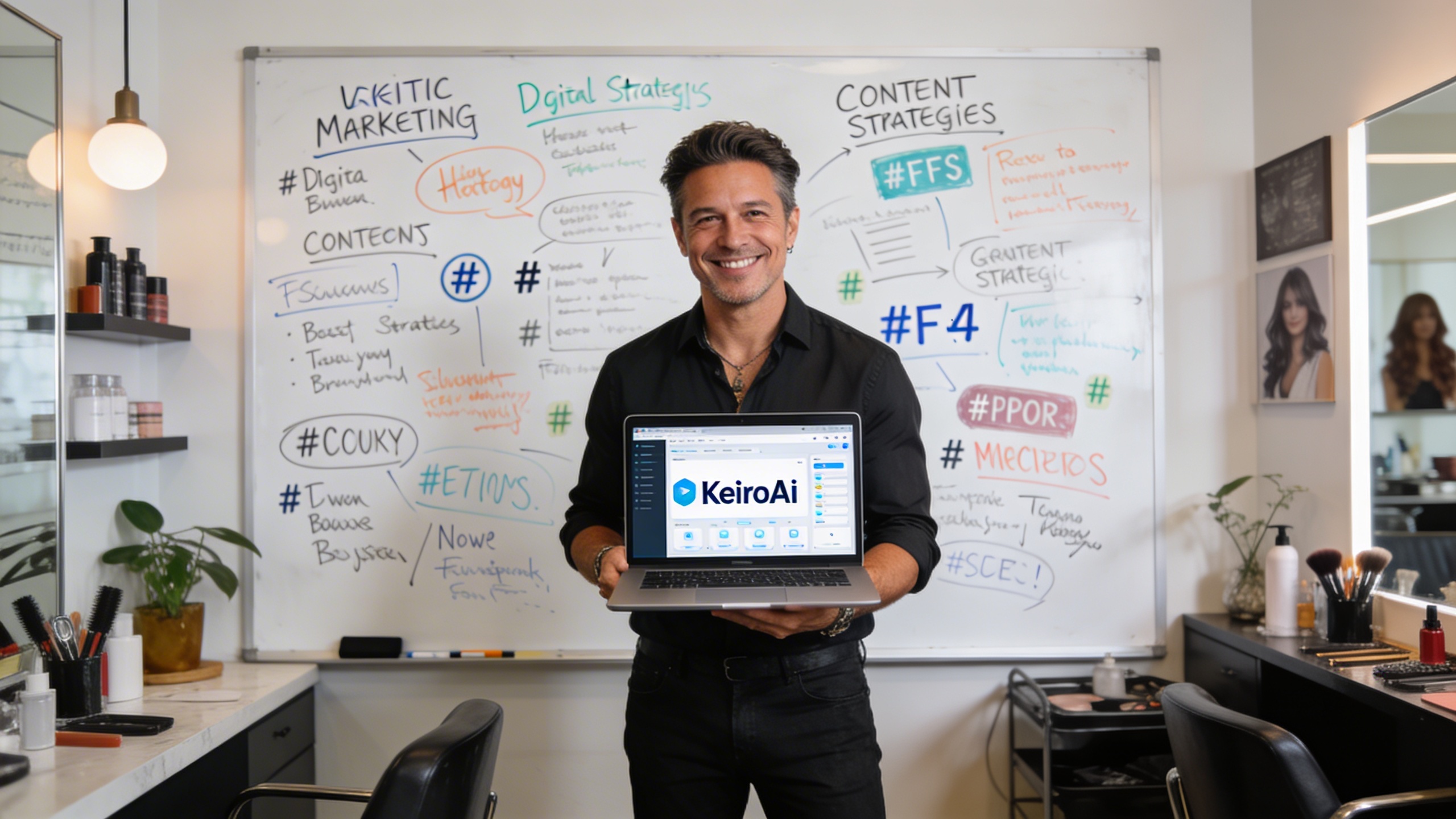Coiffeur entrepreneur souriant et déterminé devant un tableau blanc rempli d'idées de marketing digital et de stratégies de contenu, tenant un ordinateur portable ouvert sur l'interface de KeiroAI, dans un salon de coiffure moderne et design, ambiance studieuse mais inspirante, style photo éditorial magazine, lumière naturelle.