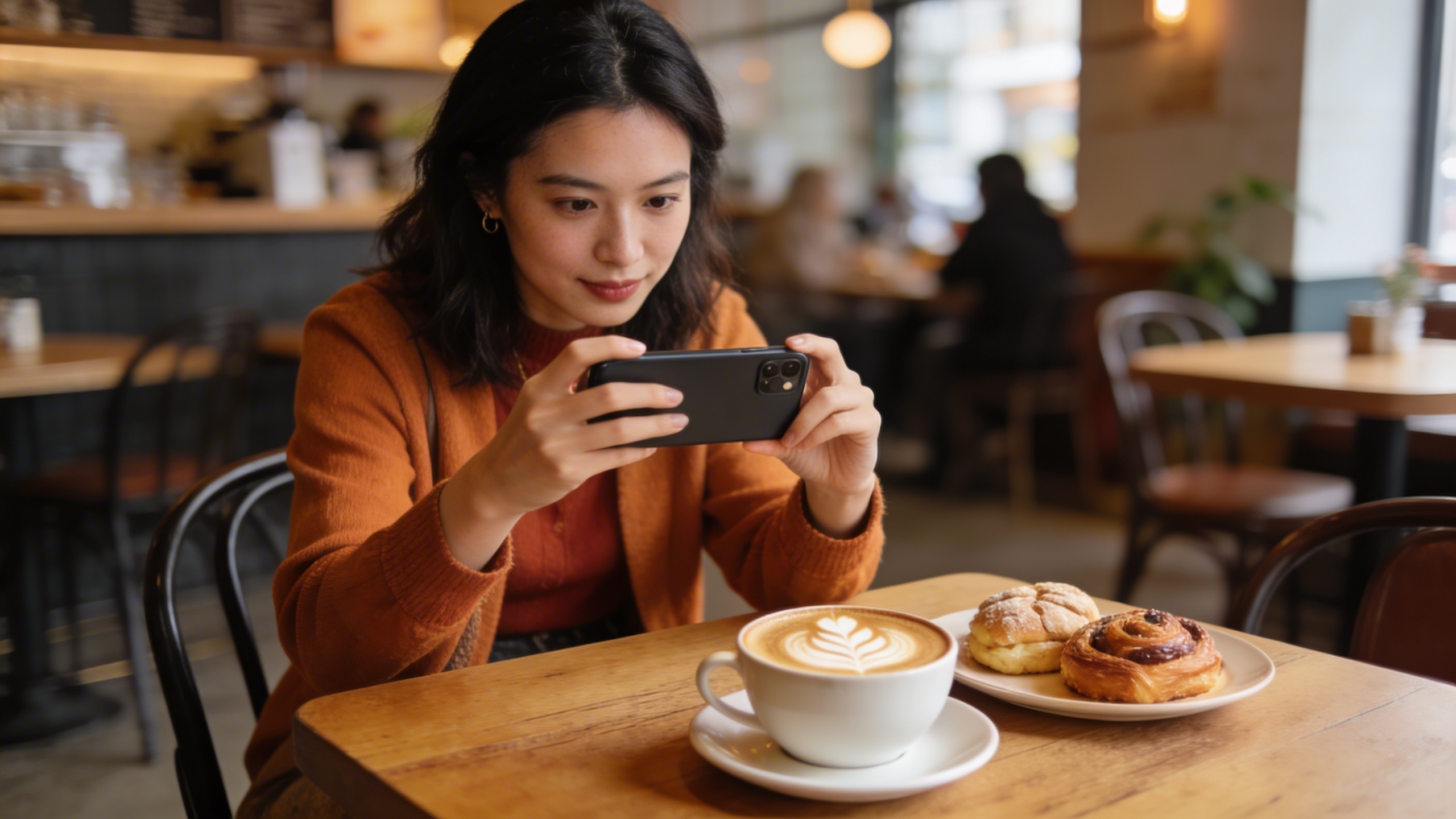 Une femme prend en photo avec son smartphone un café latte art et des pâtisseries sur une table en bois dans un café branché. L'atmosphère est chaleureuse et invitante, avec des lumières douces et une composition naturelle. Style photo éditorial, ultra haute qualité.