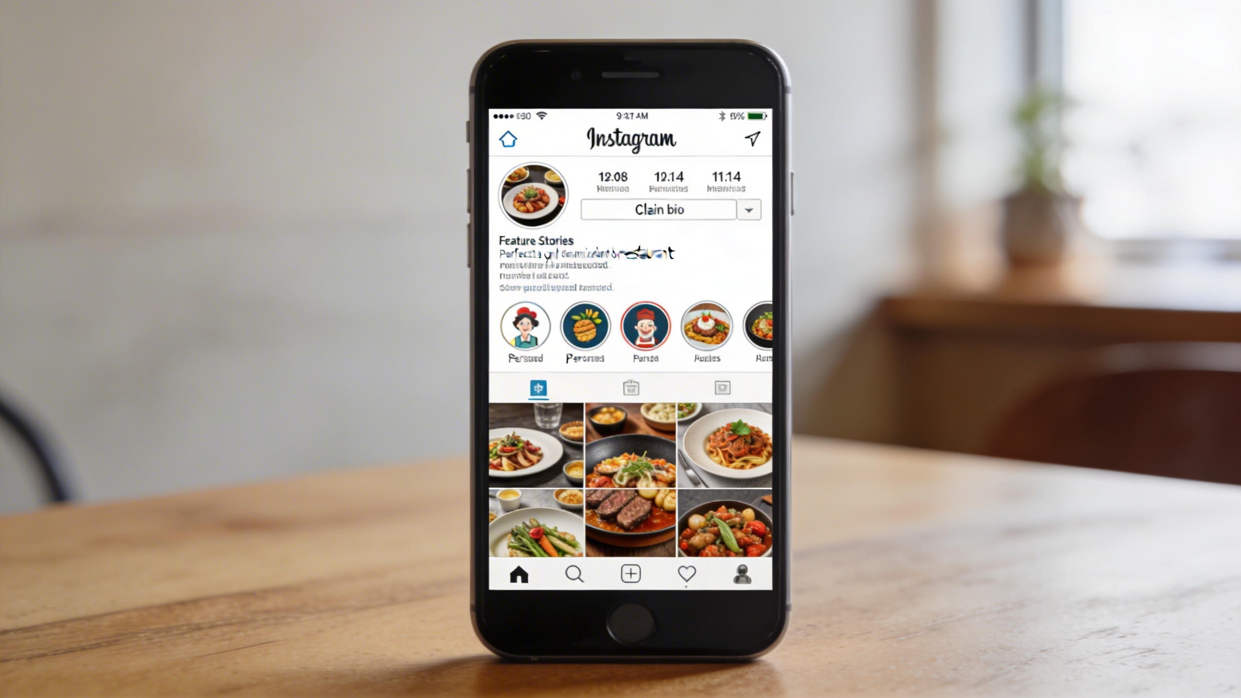 Un écran de smartphone affichant un profil Instagram de restaurant parfaitement optimisé. On voit une bio claire avec un lien de réservation, des Stories à la Une bien organisées avec des icônes personnalisées, et un feed harmonieux de plats appétissants. L'ambiance est moderne et professionnelle, lumière douce. Style photo éditorial magazine.