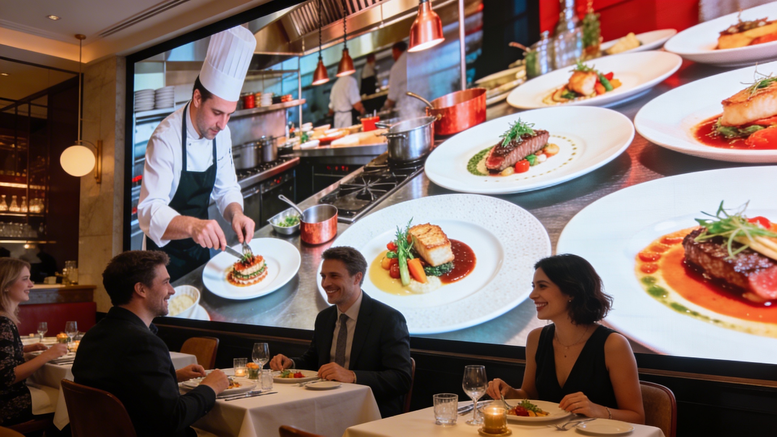 Une série de photos Instagram de haute qualité pour un restaurant, affichées sur un grand écran. Les images montrent des plats magnifiquement dressés, des scènes de cuisine avec le chef, des clients souriants et l'intérieur élégant du restaurant. Les couleurs sont vives et l'éclairage est professionnel, style magazine culinaire.