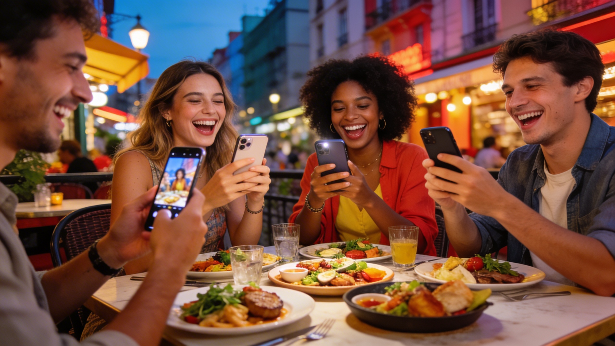 Un groupe d'amis riant et partageant un repas sur une terrasse de restaurant animée, chacun tenant un smartphone pour prendre des photos des plats. L'ambiance est joyeuse et conviviale, avec des lumières chaudes du soir et une composition dynamique. Style photo éditorial magazine.