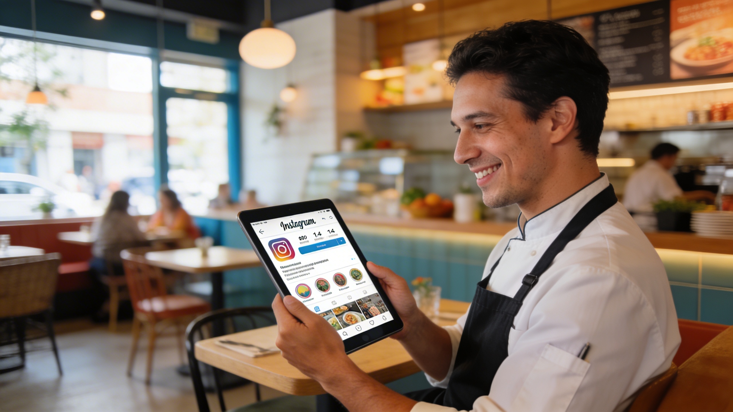 Un restaurateur souriant utilise une tablette pour analyser les statistiques Instagram de son commerce, affichant des graphiques d'engagement et de portée positifs. L'arrière-plan montre l'intérieur moderne et accueillant de son restaurant. L'image est de style photo éditorial magazine, avec une lumière naturelle et une composition dynamique.