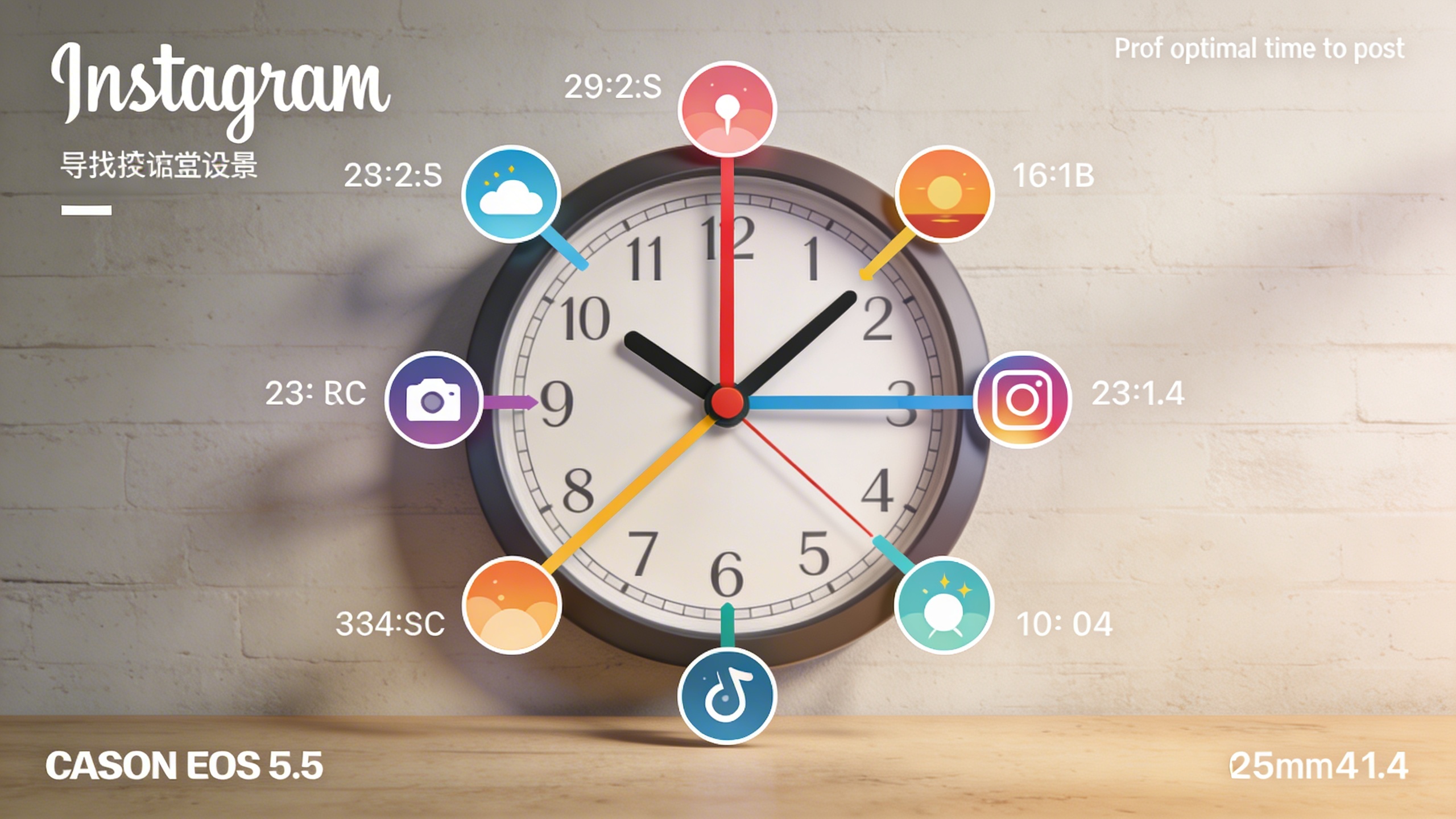 Une horloge stylisée avec des aiguilles décalées, représentant des fuseaux horaires variés et des moments de la journée différents, pour illustrer la complexité de trouver le moment optimal pour poster sur Instagram. Couleurs douces, style minimaliste et épuré, composition équilibrée.
