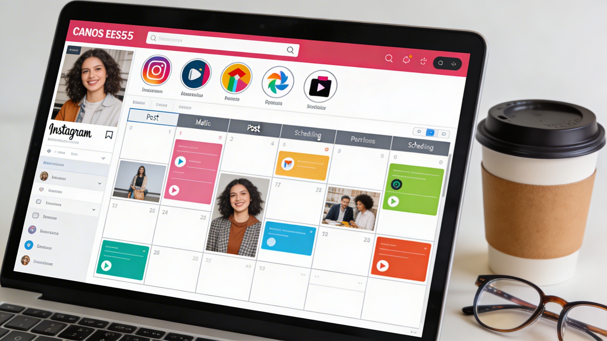 Un planning digital coloré sur une tablette ou un ordinateur portable, affichant des blocs horaires pour des publications sur les réseaux sociaux. L'interface est intuitive, avec des icônes d'Instagram et d'autres plateformes. Un café et des lunettes de lecture sont posés à côté, évoquant la planification stratégique. Lumière du jour, style photo de bureau moderne.