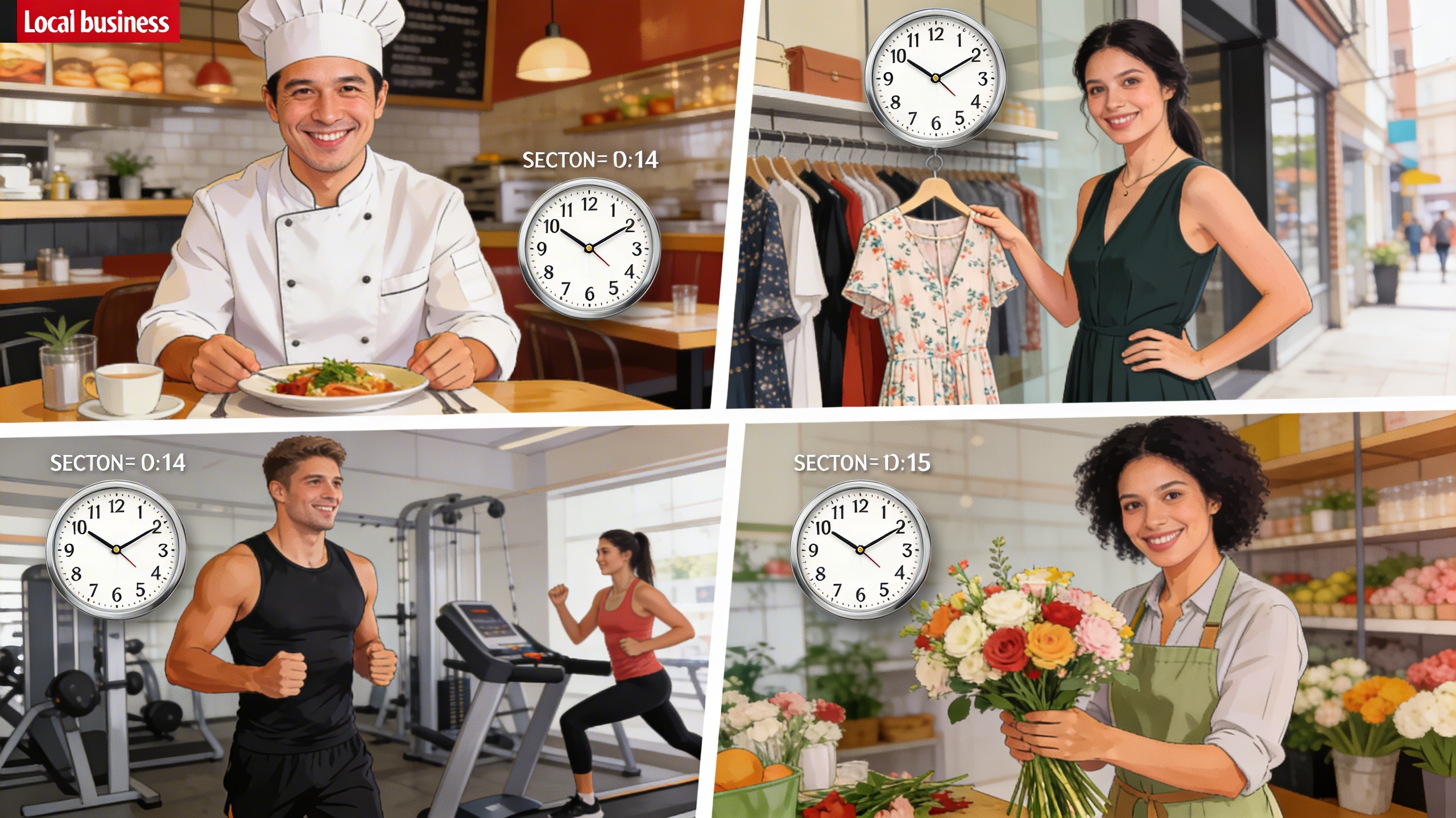 Un collage visuel dynamique représentant divers commerces locaux : un chef souriant dans son restaurant, une vendeuse de boutique de mode présentant une robe, un coach sportif motivant ses clients, et une fleuriste arrangeant un bouquet. Chaque scène est associée à une horloge indiquant une heure de publication spécifique, illustrant l'adaptation du timing par secteur. Style illustration moderne et colorée.