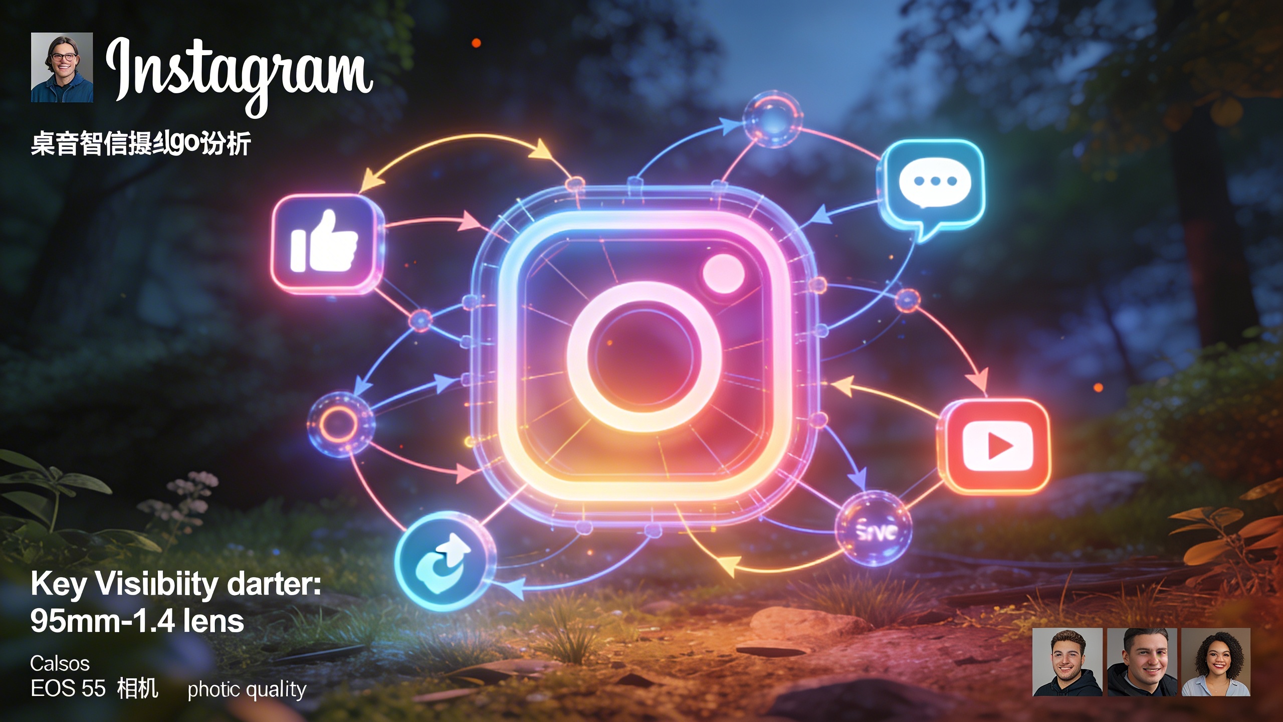 Une représentation abstraite et lumineuse de l'algorithme Instagram, avec des nœuds interconnectés et des flèches symbolisant les flux de données et les signaux d'engagement. Des icônes de likes, commentaires, partages et sauvegardes flottent autour, illustrant les facteurs clés de visibilité. Couleurs vives et futuristes, style illustration 3D.