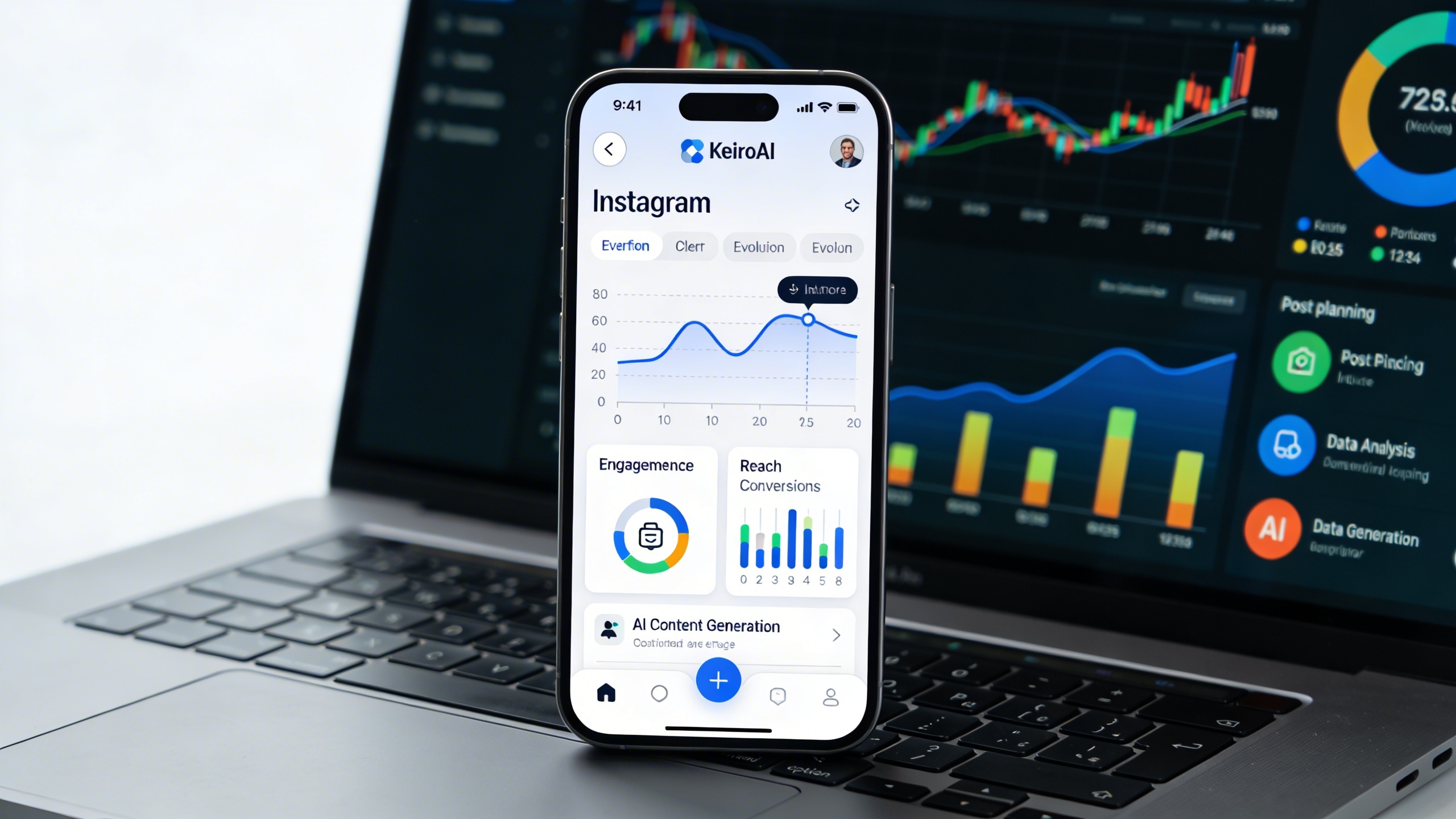 Un smartphone affichant l'interface utilisateur de KeiroAI, avec des graphiques clairs montrant l'évolution des performances de publication Instagram (engagement, portée, conversions). Des icônes intuitives permettent de planifier des posts, d'analyser les données et de générer du contenu via l'IA. En arrière-plan, un ordinateur portable avec un tableau de bord analytique. L'ensemble évoque la simplicité et l'efficacité de l'automatisation marketing. Style photo réaliste, moderne et technologique.