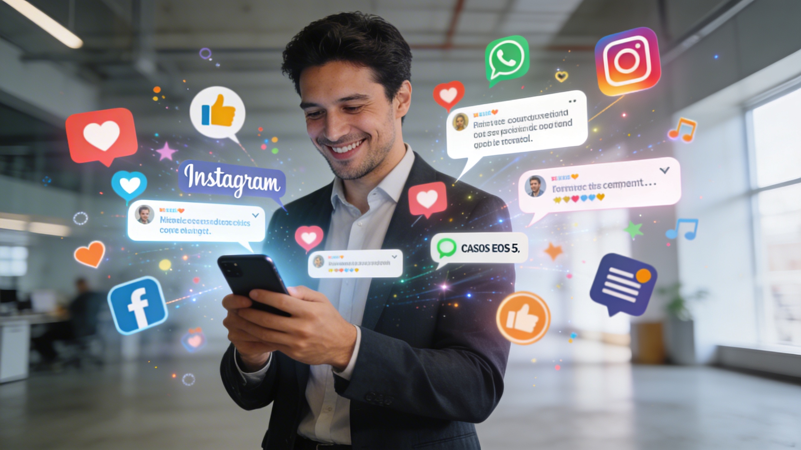 Un entrepreneur souriant et visiblement satisfait regarde son smartphone, qui affiche des notifications de likes, de partages et de commentaires sur Instagram, symbolisant un succès marketing accru. Des icônes de réseaux sociaux flottent joyeusement autour de lui dans un environnement lumineux et dynamique, évoquant la joie de résultats concrets. Style photo réaliste, ambiance positive et réussie.