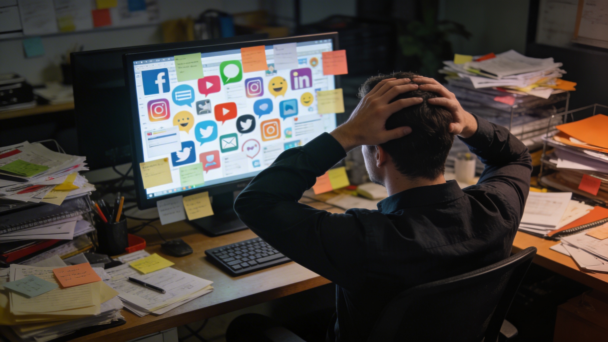 Un entrepreneur débordé, les mains sur la tête, regardant un écran d'ordinateur affichant une multitude d'icônes de réseaux sociaux et de tâches non accomplies, dans un bureau encombré. L'éclairage est tamisé, reflétant le stress, avec un style photo réaliste et une composition qui met en évidence le sentiment d'accablement.