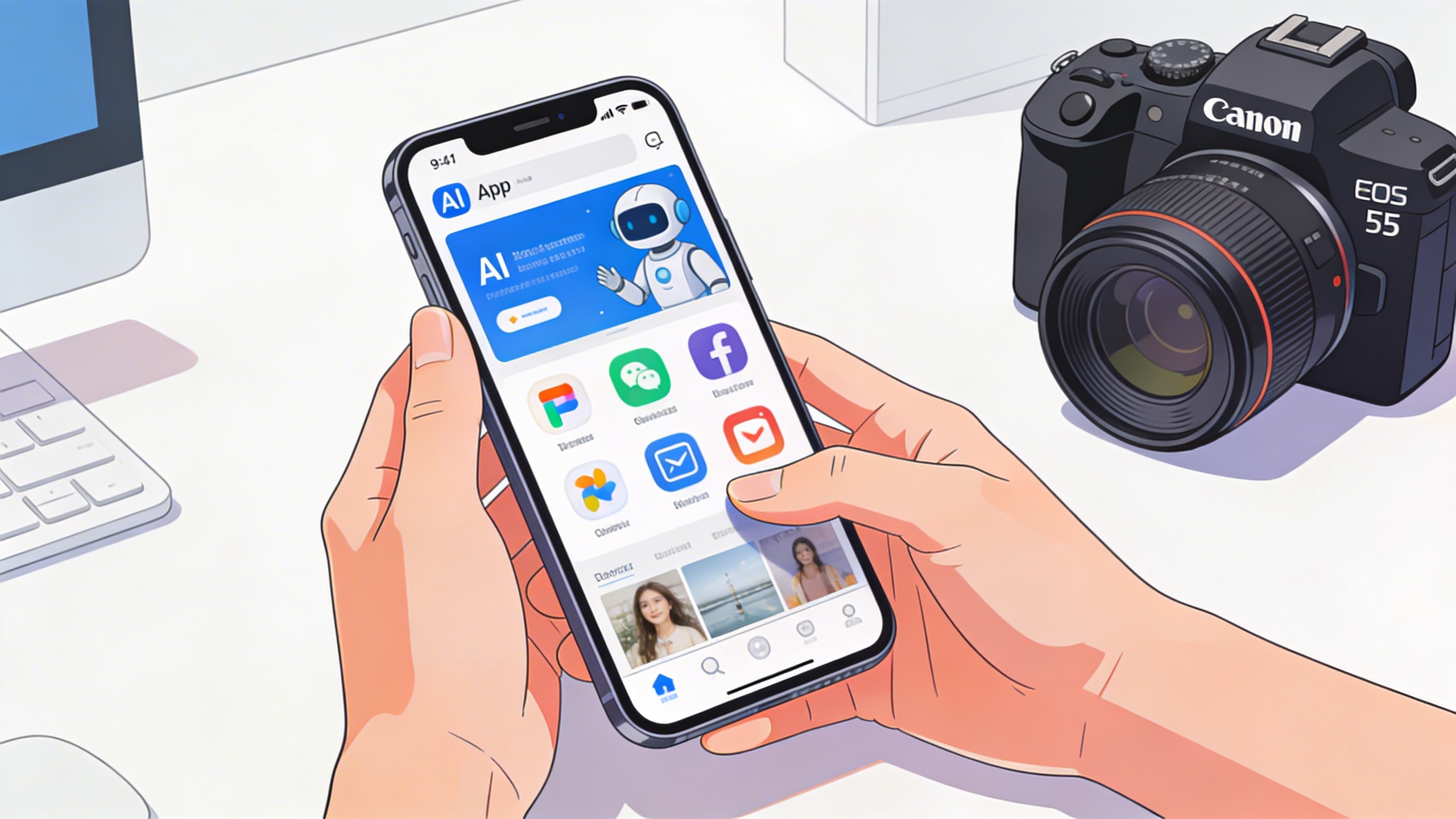 Une interface utilisateur d'application mobile épurée et moderne, avec des icônes d'IA et de réseaux sociaux, montrée sur un smartphone tenu par des mains interagissant fluidement avec l'écran. L'arrière-plan est un espace de travail minimaliste et lumineux, soulignant la facilité d'utilisation de l'outil. Style illustration vectorielle détaillée avec des touches de couleur vives.