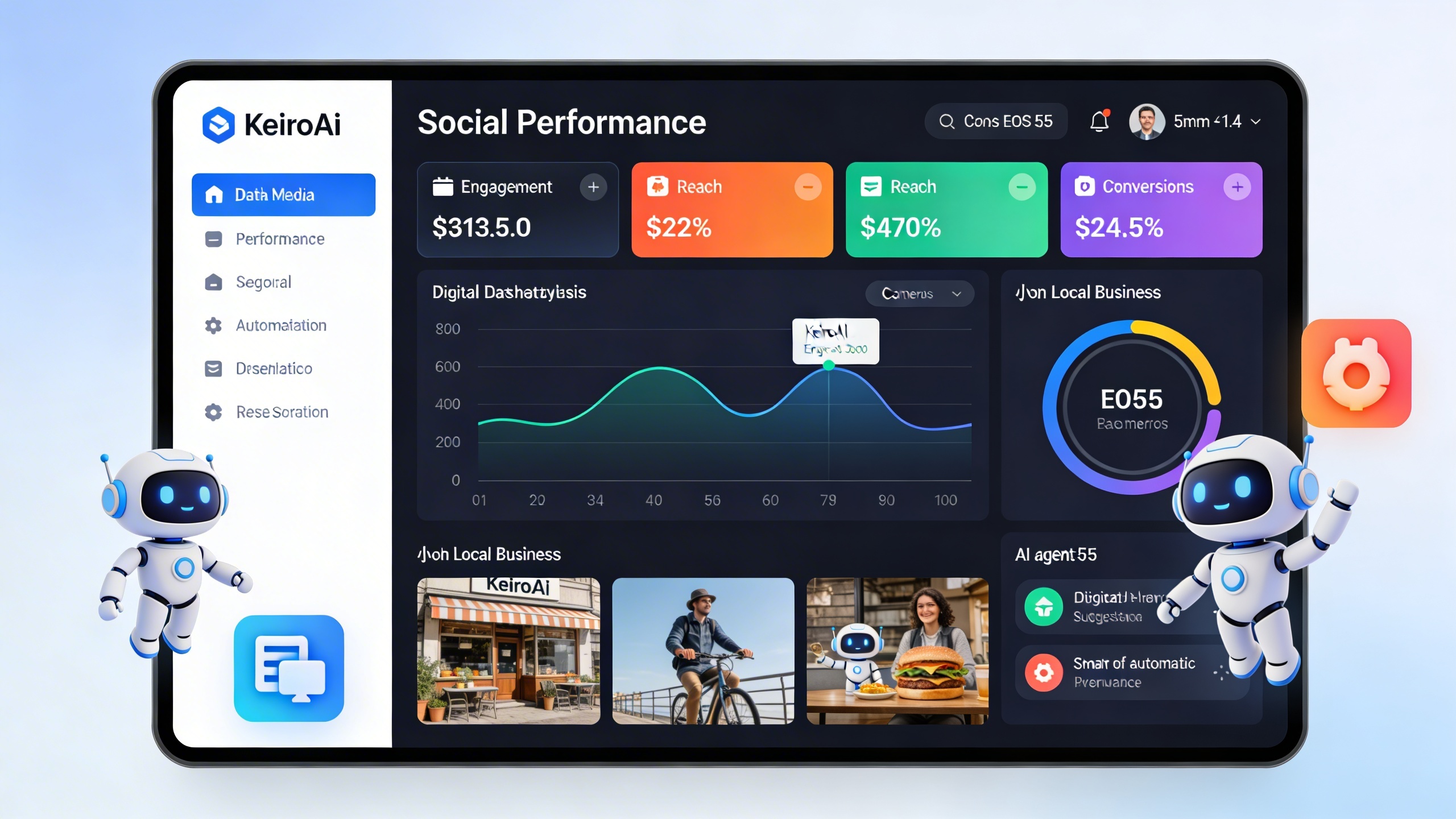 Un tableau de bord numérique clair et intuitif de KeiroAI, affiché sur un grand écran tactile, montrant des statistiques de performance des réseaux sociaux (engagement, portée, conversions) pour un petit commerce local. Des icônes représentant les agents IA de KeiroAI sont visibles, suggérant une gestion automatisée. Style interface utilisateur futuriste et épurée.