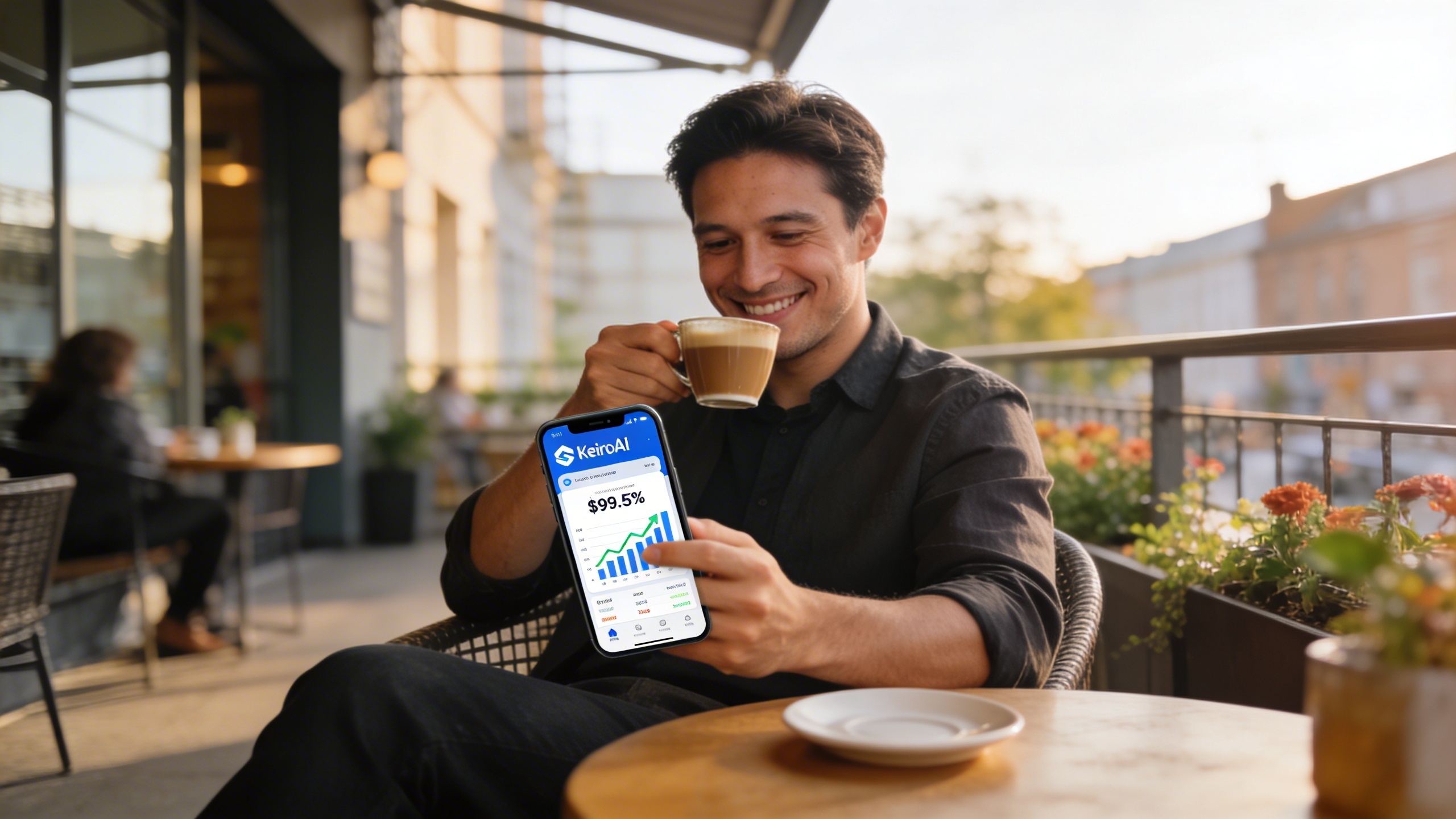 Un entrepreneur souriant et détendu, sirotant un café sur la terrasse de son commerce, tout en consultant son smartphone affichant l'application KeiroAI avec des statistiques de croissance impressionnantes. Le fond est flou, mettant l'accent sur l'entrepreneur et son succès, dans un style photo éditorial magazine avec une lumière douce du matin.