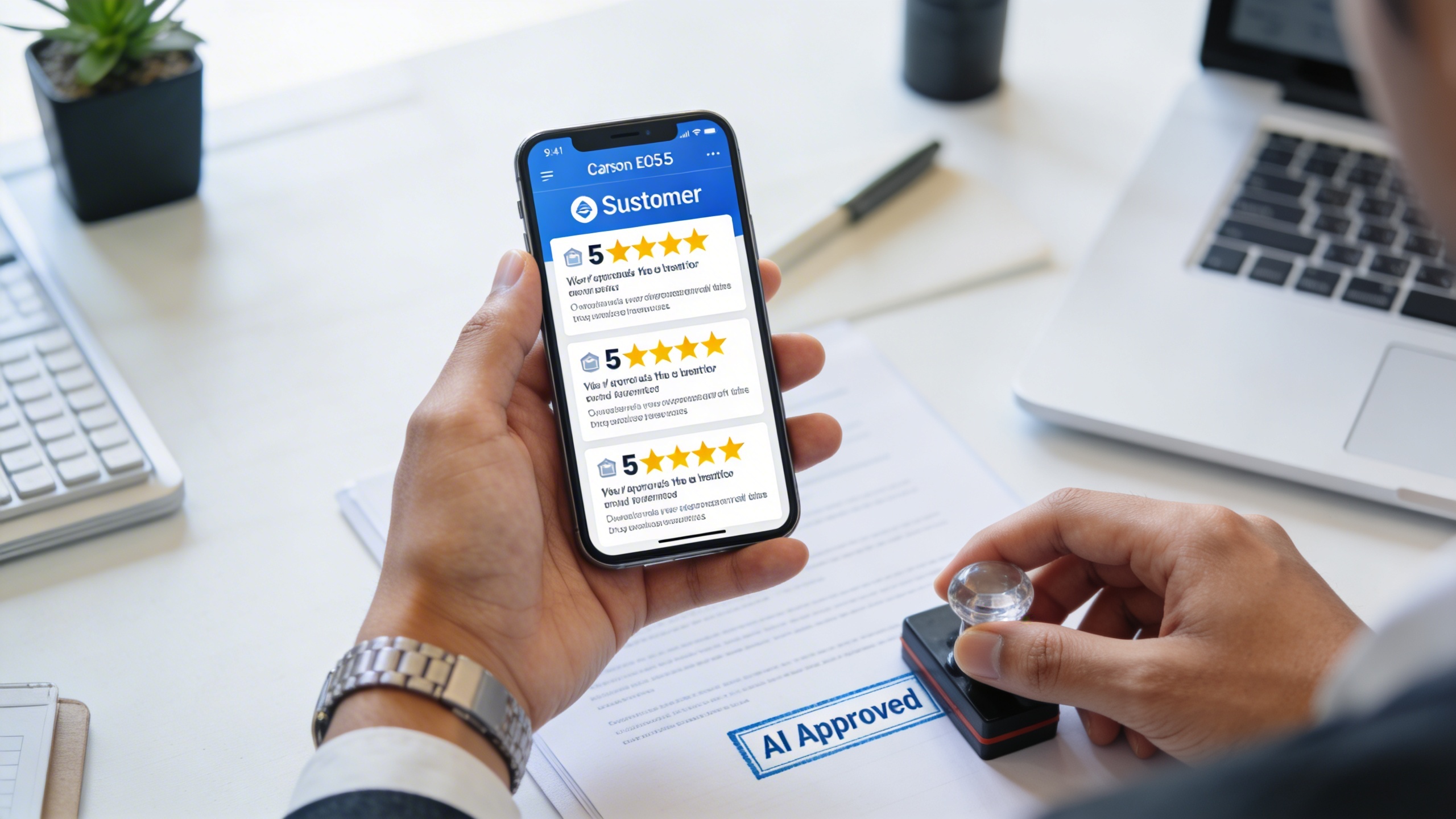 Une main d'entrepreneur montrant un smartphone avec des avis clients 5 étoiles et des commentaires positifs, tandis qu'une autre main pose un tampon 'Approuvé par l'IA' sur un document. L'arrière-plan est un environnement de travail moderne et épuré, symbolisant la confiance et l'expertise. Style photo réaliste avec une lumière professionnelle.