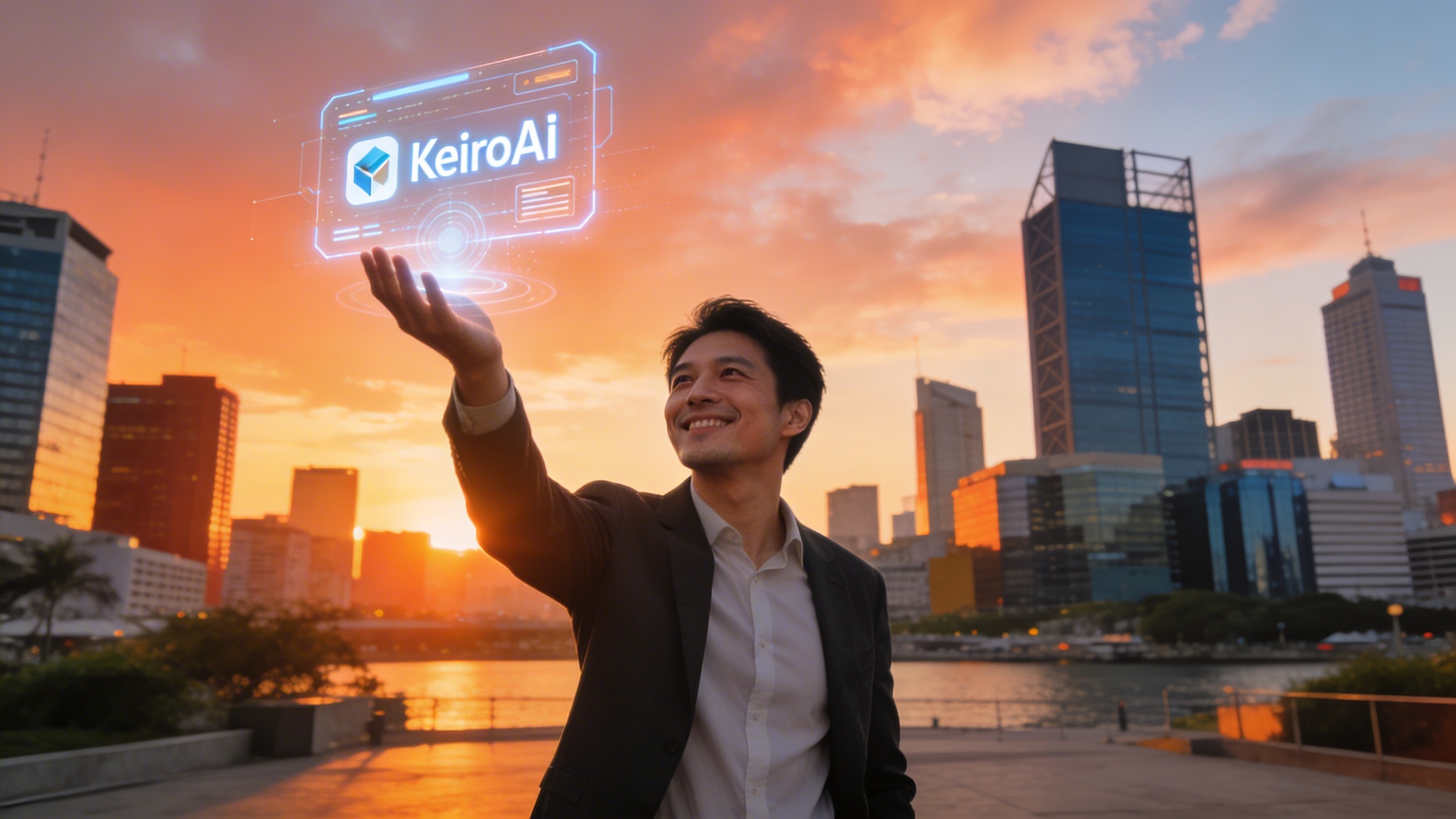 Un entrepreneur souriant et confiant, regardant vers l'horizon, avec une interface holographique de KeiroAI flottant au-dessus de sa main, symbolisant le futur du marketing. Le cadre est un paysage urbain moderne au lever du soleil, évoquant l'innovation et l'optimisme. Style cinématographique, couleurs chaudes et composition dynamique.