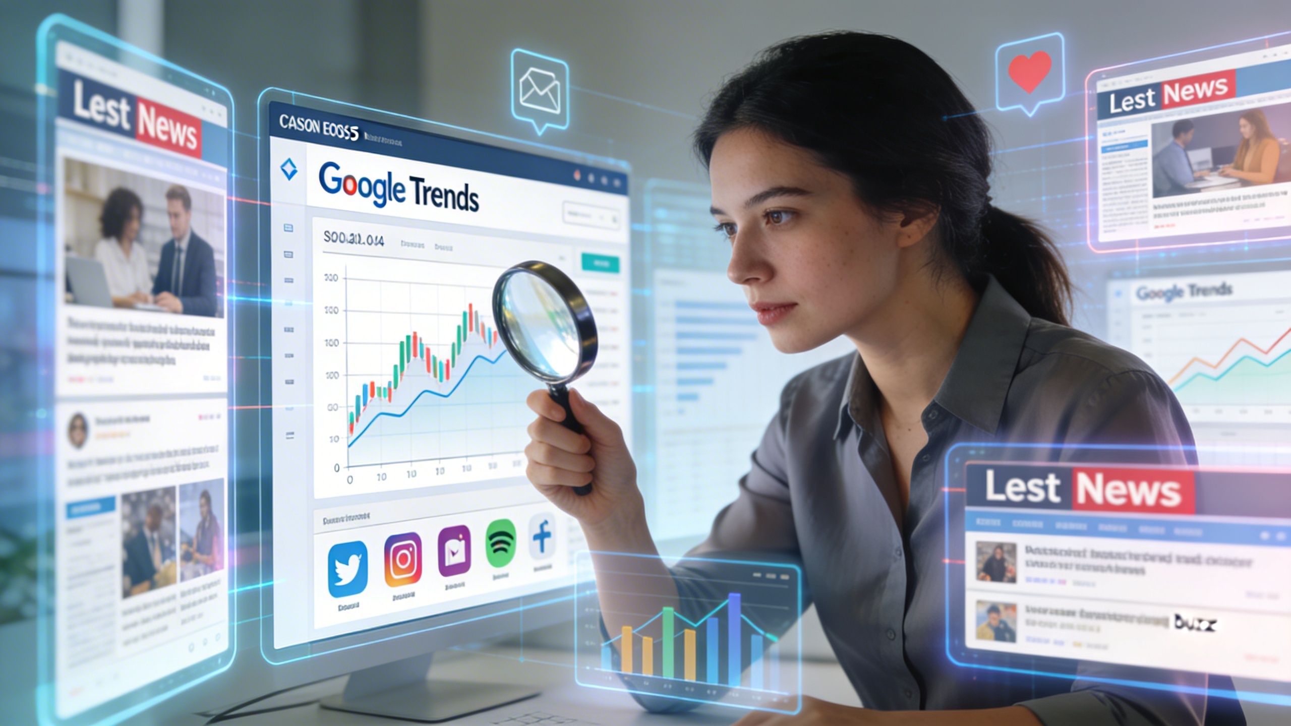 Une femme entrepreneur concentrée, vêtue d'une chemise professionnelle, analysant un tableau de bord numérique complexe affichant des données de Google Trends et des flux de réseaux sociaux, avec des icônes de loupe et de graphiques. Elle est entourée d'écrans holographiques montrant les dernières actualités et buzz. Style photo éditorial, lumière du jour, composition dynamique.