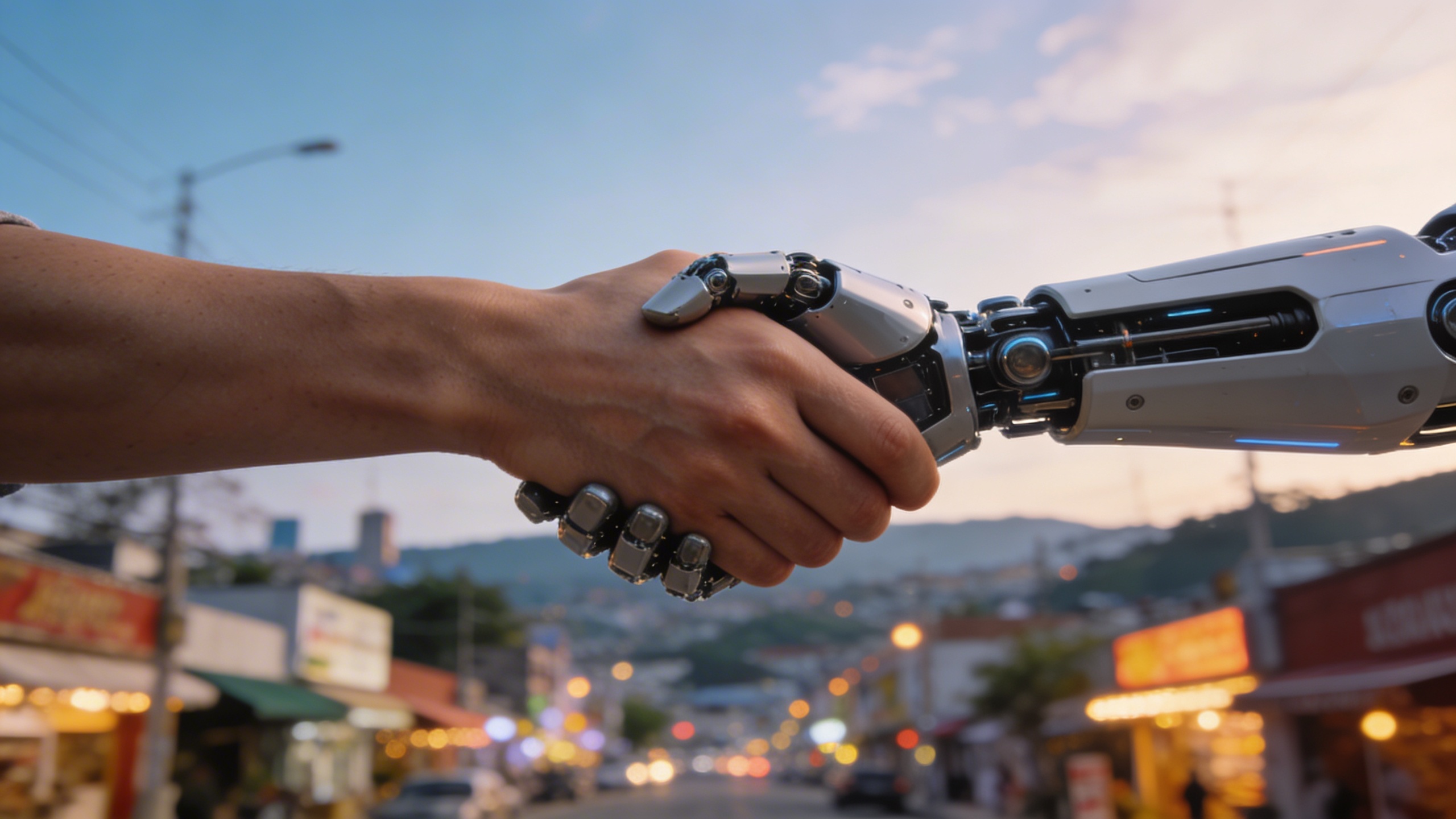 Une main humaine et une main robotique se serrant fermement, symbolisant la collaboration entre l'intelligence humaine et l'IA dans la création de contenu marketing. L'arrière-plan est un paysage urbain flou de commerces locaux avec des lumières douces. Le style est photo réaliste, moderne et inspirant, mettant en avant la synergie. Composition cinématique.