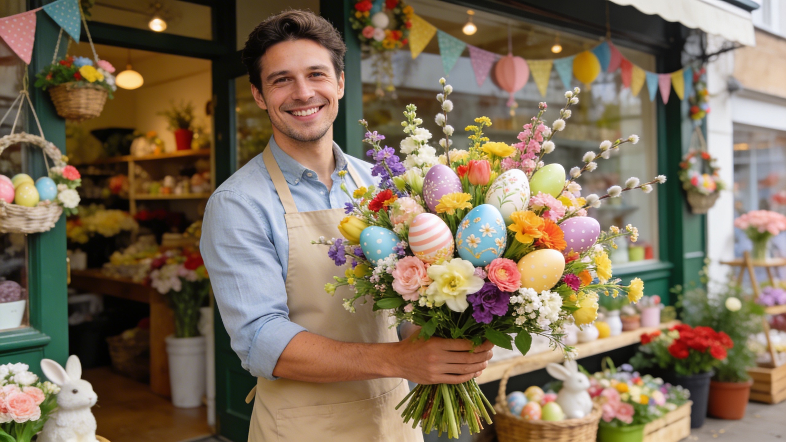 Un fleuriste souriant présentant un magnifique bouquet de Pâques avec des œufs décoratifs et des fleurs printanières colorées, devant sa boutique artisanale décorée pour l'occasion. L'ambiance est joyeuse et lumineuse, style photo éditorial magazine, lumière naturelle, composition cinématique.