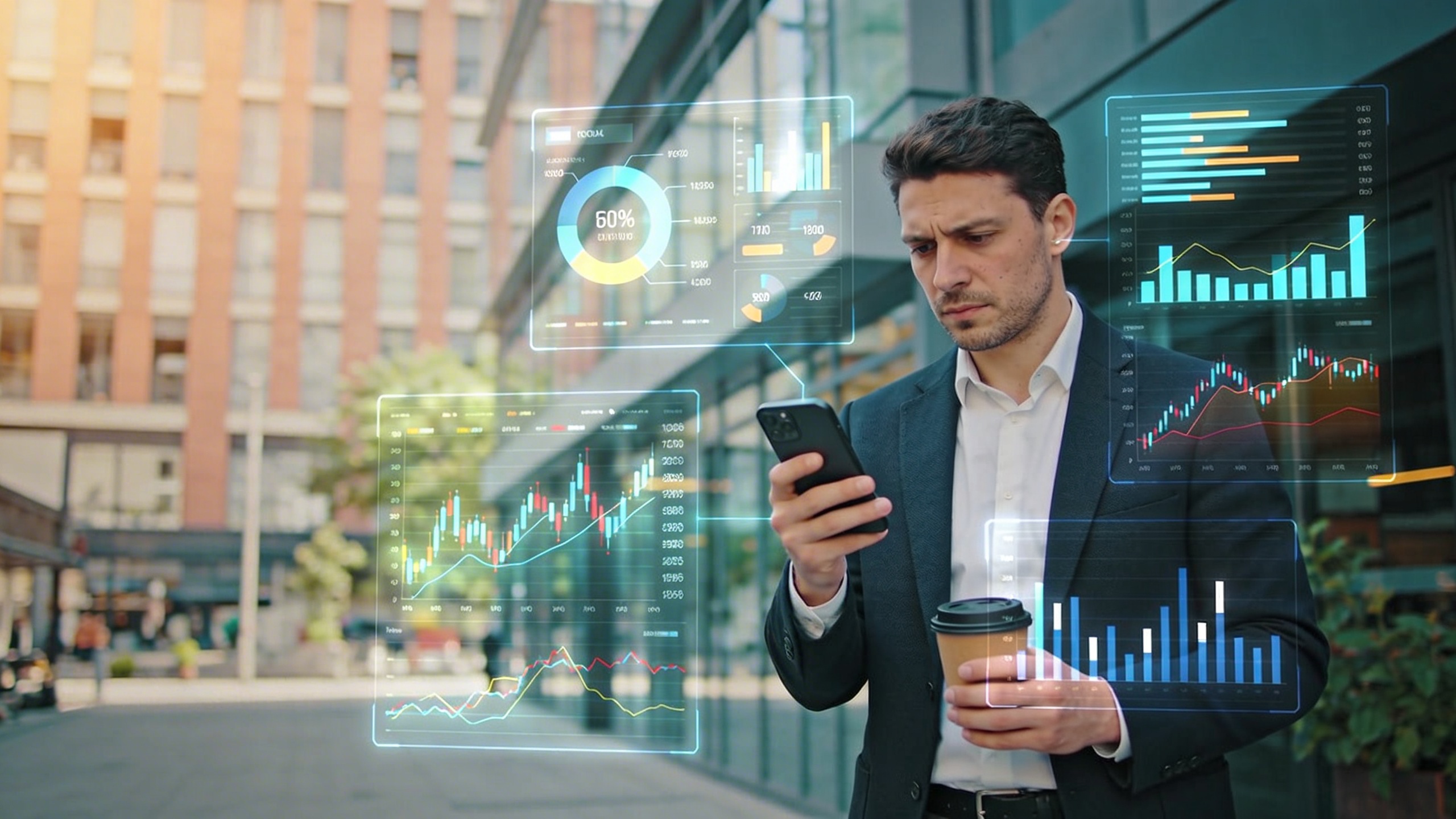 Un entrepreneur local, tenant un café, regarde son smartphone avec une expression pensive mais déterminée, entouré d'une ambiance urbaine et moderne, avec des graphiques d'analyse de données superposés en réalité augmentée. Le style est photo réaliste, lumière du jour, composition cinématographique, reflétant la réflexion stratégique sur les réseaux sociaux.