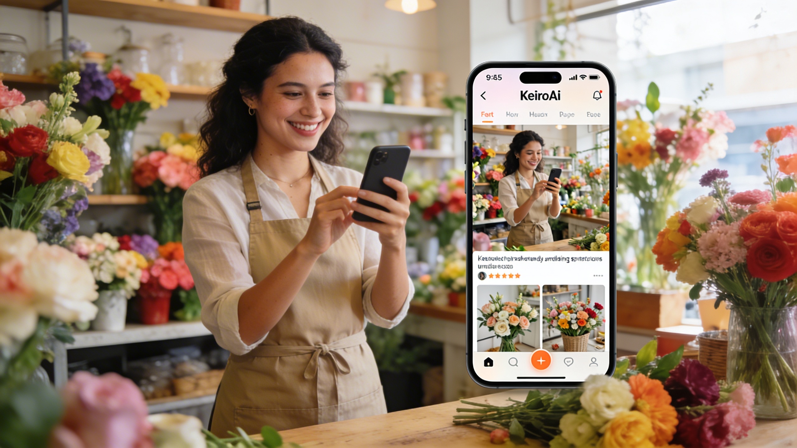 Une commerçante souriante dans sa boutique de fleurs artisanale, utilisant l'application KeiroAI sur son smartphone pour générer des visuels marketing. La boutique est pleine de couleurs vives et de lumière naturelle, avec des bouquets artistiques en arrière-plan. Le style est photo réaliste, éditorial magazine, mettant en valeur la facilité d'utilisation de l'IA pour les petites entreprises.