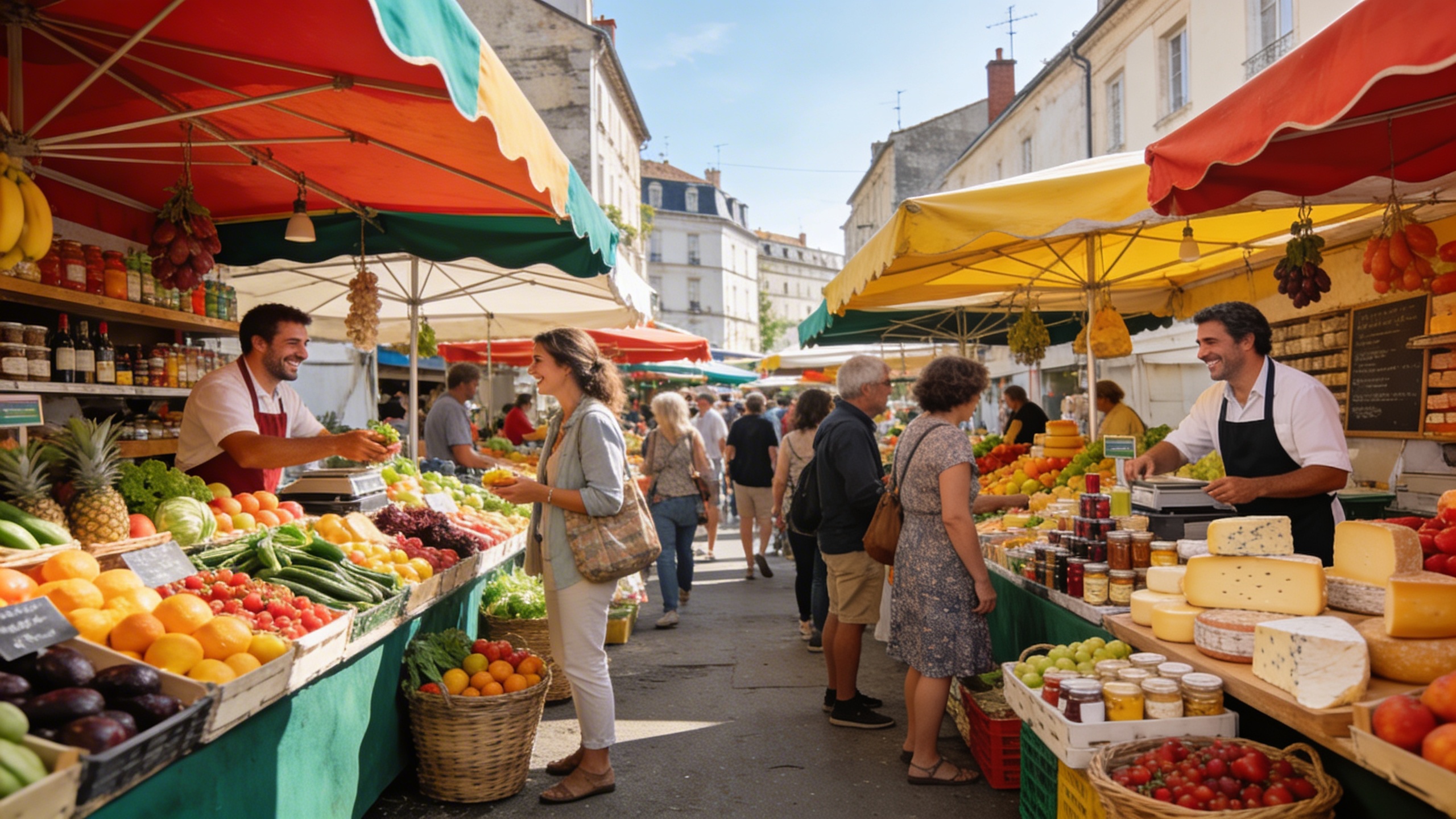 Vue panoramique d'un marché local animé en France, avec des étals colorés de fruits, légumes et produits artisanaux. Des commerçants souriants interagissent avec les clients. L'image capture l'essence du dynamisme des commerces de proximité, avec une lumière naturelle éclatante et une composition qui met en valeur la communauté locale.
