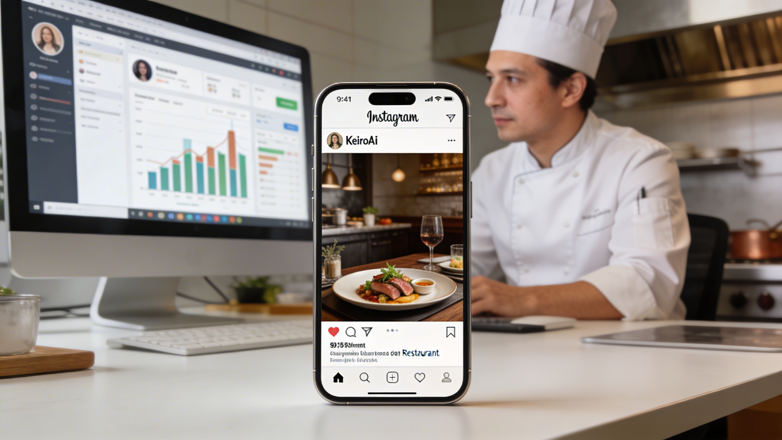 Un smartphone affichant un post Instagram élégant généré par KeiroAI pour un restaurant, avec un chef qui regarde l'écran d'ordinateur de son bureau, un tableau de bord d'analyse de données sur les réseaux sociaux. L'image met en évidence la synergie entre la créativité de l'IA et l'analyse humaine pour des résultats marketing efficaces. Style photo réaliste, ambiance de bureau moderne, lumière douce.
