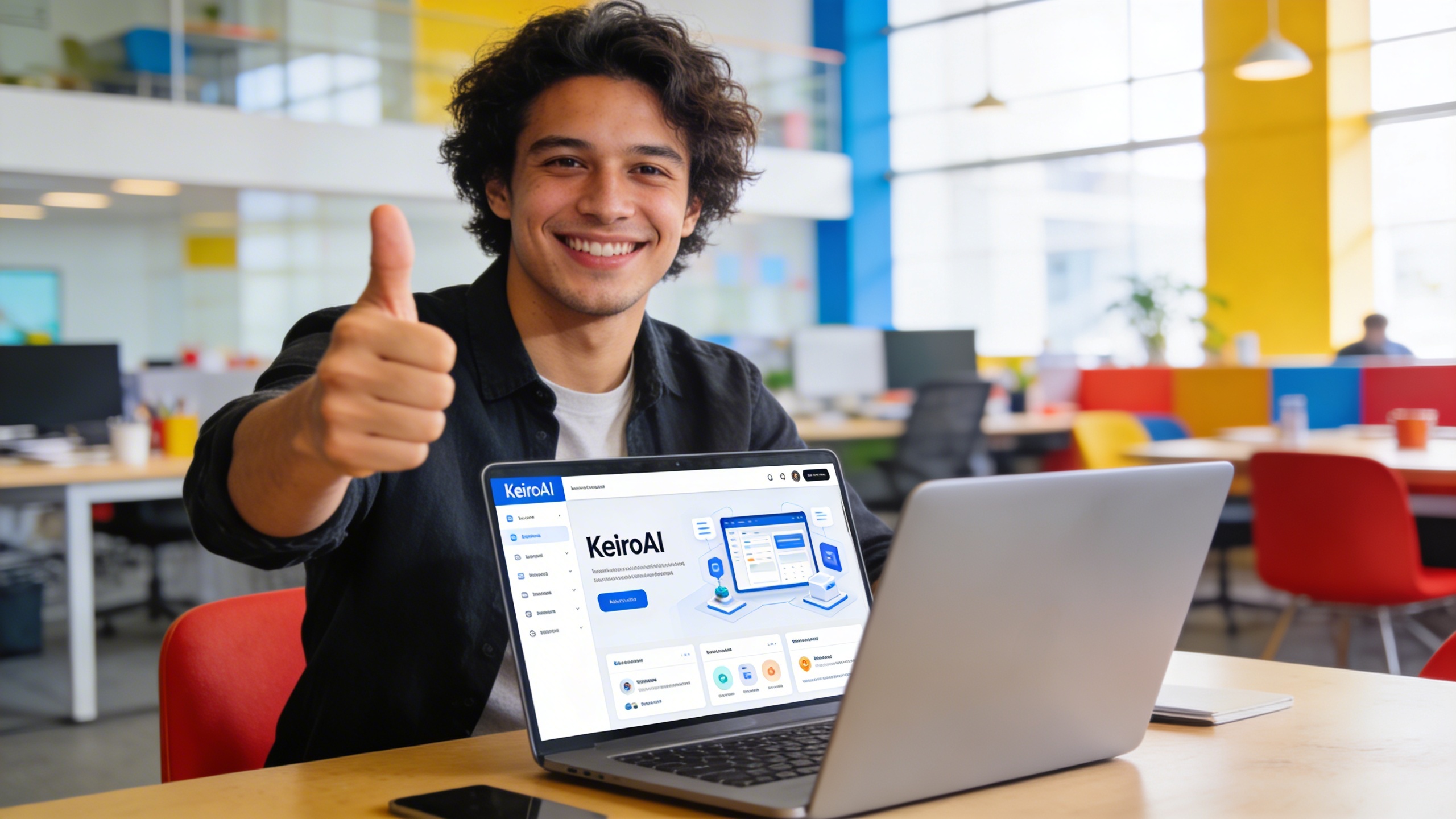 Un jeune entrepreneur souriant et confiant, assis devant son ordinateur portable, avec l'interface de KeiroAI affichée. Il lève le pouce, symbolisant le succès et la satisfaction. L'arrière-plan est un espace de coworking lumineux et moderne. Le style est photo réaliste, éditorial, avec des couleurs vives et une ambiance positive et dynamique.