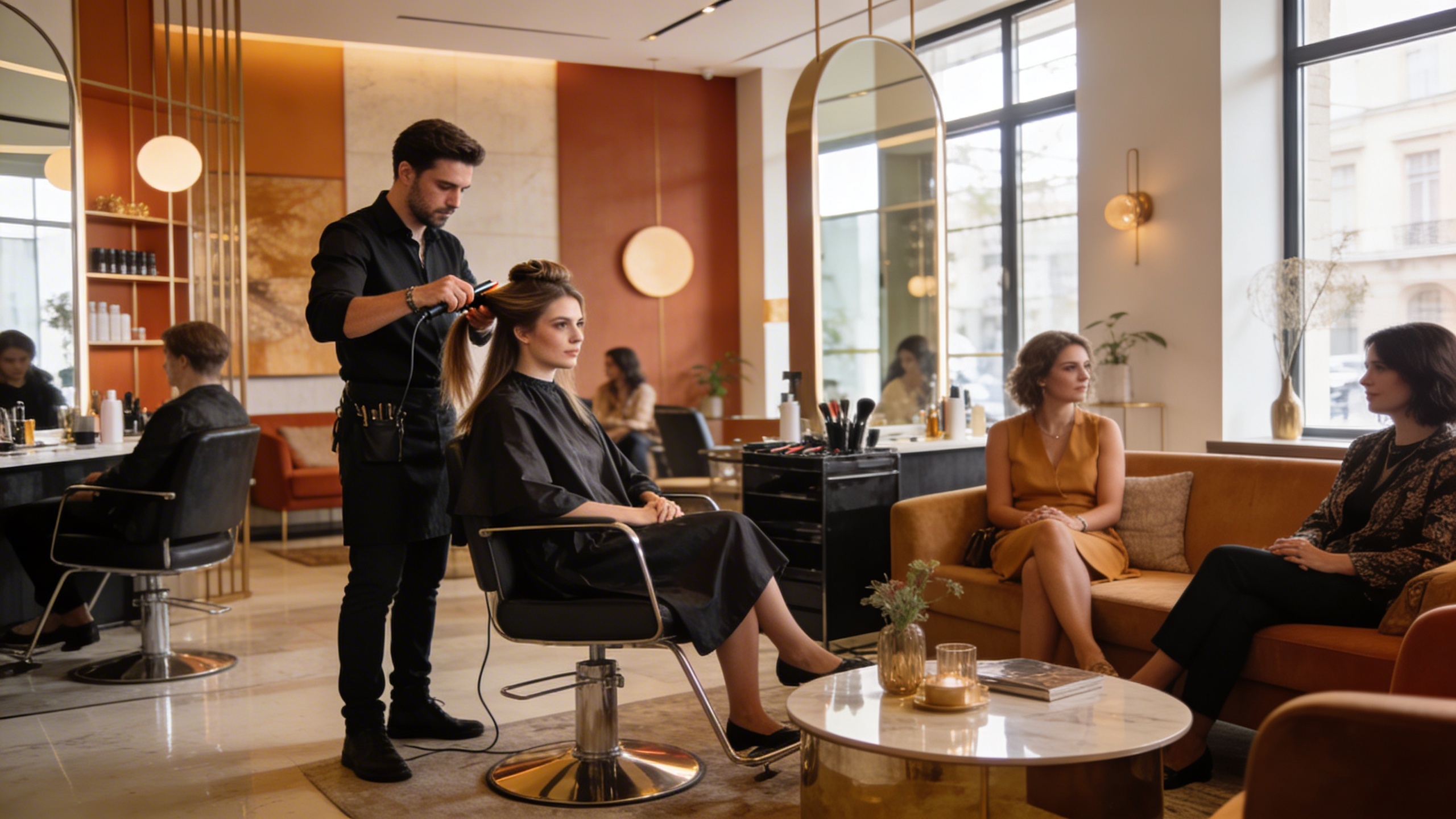 Vue dynamique d'un salon de coiffure moderne et élégant, montrant une coiffeuse en action avec une cliente, d'autres clients attendant confortablement, et des détails de design intérieur stylés. L'image dégage une ambiance animée et professionnelle, avec des reflets de lumière naturelle. Style photo de magazine, haute résolution.
