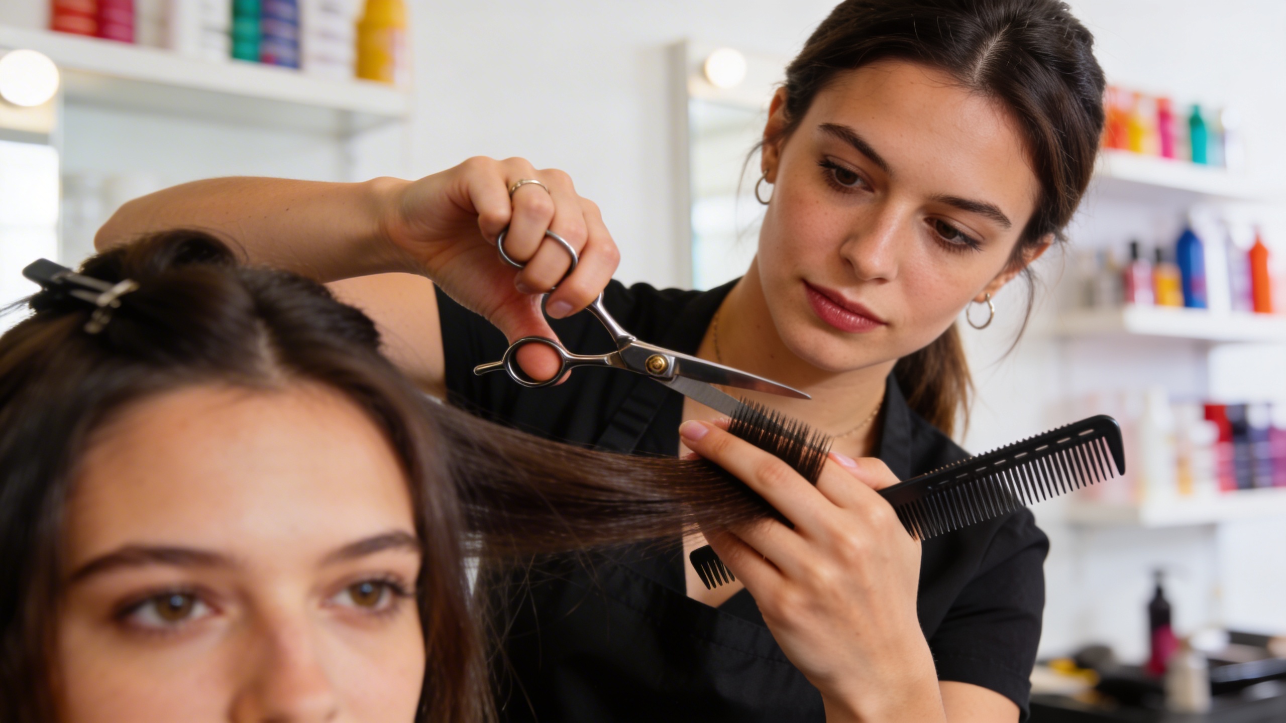 Gros plan sur une femme coiffeuse concentrée, tenant des ciseaux et un peigne, regardant attentivement son travail sur une cliente dont le visage est flouté. L'arrière-plan montre un salon lumineux et organisé. La photo est réaliste, de haute qualité, avec une mise au point nette sur la coiffeuse et ses outils.