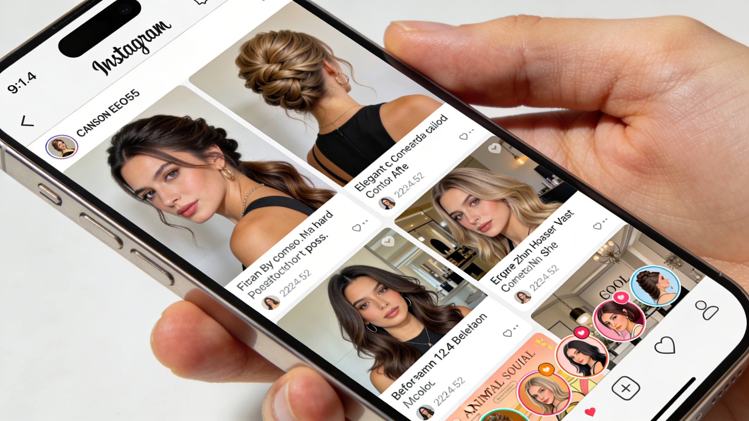 Écran de smartphone affichant un fil d'actualité Instagram avec des photos de coiffures élégantes et modernes, des posts avant/après, et des stories animées d'un salon de coiffure. Les visuels sont lumineux et professionnels, incitant à l'engagement. Style photo réaliste, composition claire et attractive.