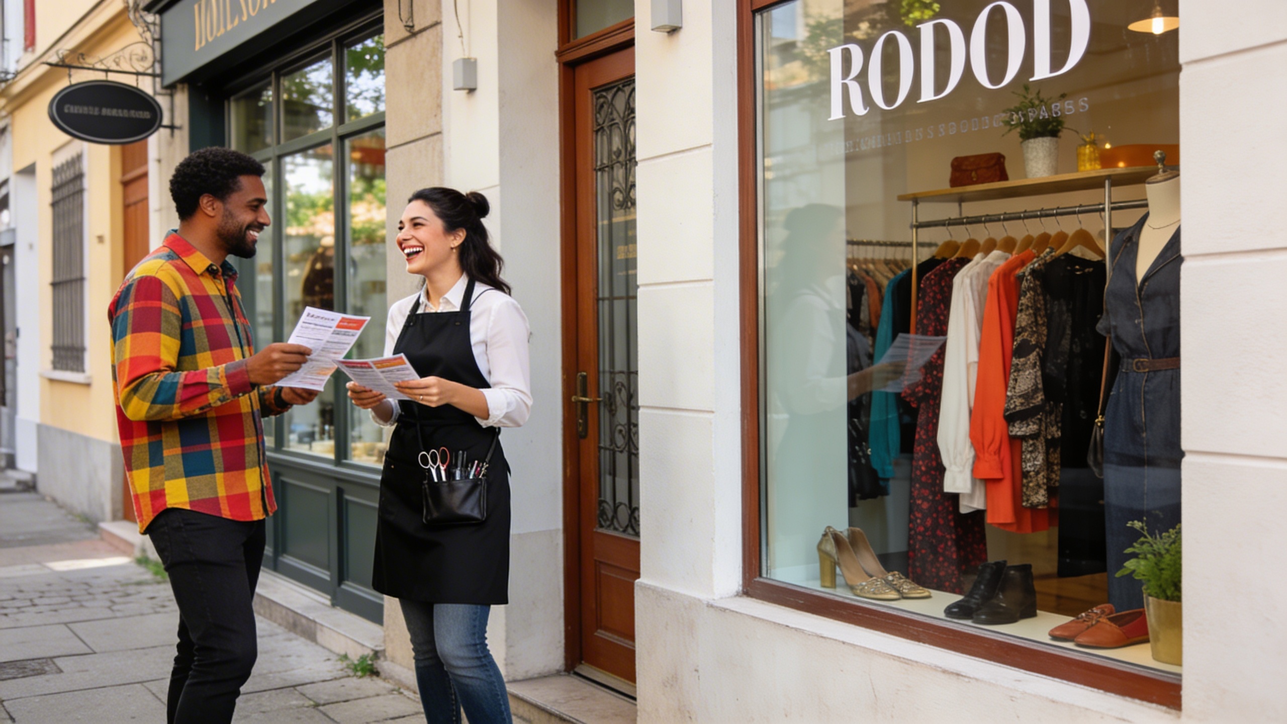 Coiffeuse souriante et chaleureuse discutant avec la propriétaire d'une boutique de vêtements voisine, échangeant des flyers et riant. La scène se déroule à l'extérieur des deux commerces, sous une lumière naturelle et agréable, illustrant une collaboration locale réussie. Style photo éditoriale.