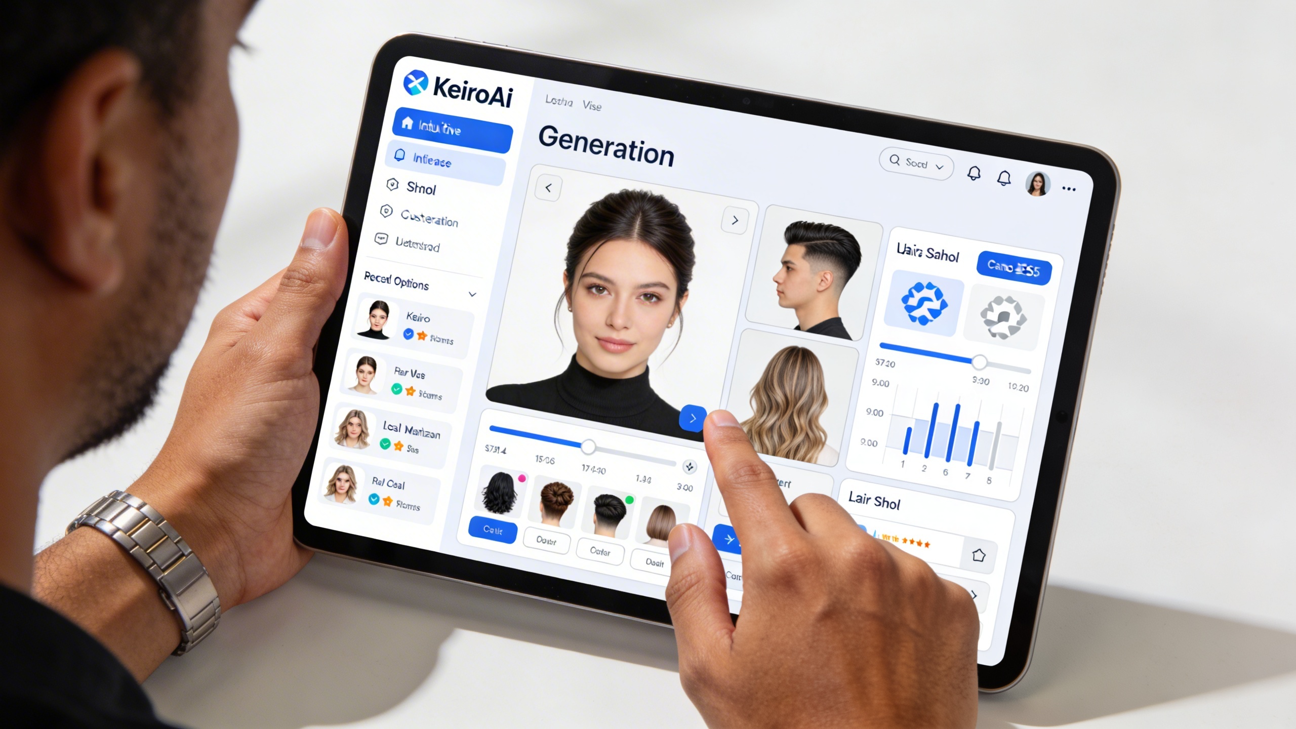Main d'un entrepreneur local utilisant une tablette pour interagir avec l'interface intuitive de KeiroAI, qui affiche des options de génération de visuels pour un salon de coiffure. L'écran montre des exemples de coiffures et des outils de personnalisation, le tout dans un environnement lumineux et moderne. Style photo réaliste, vue de dessus.