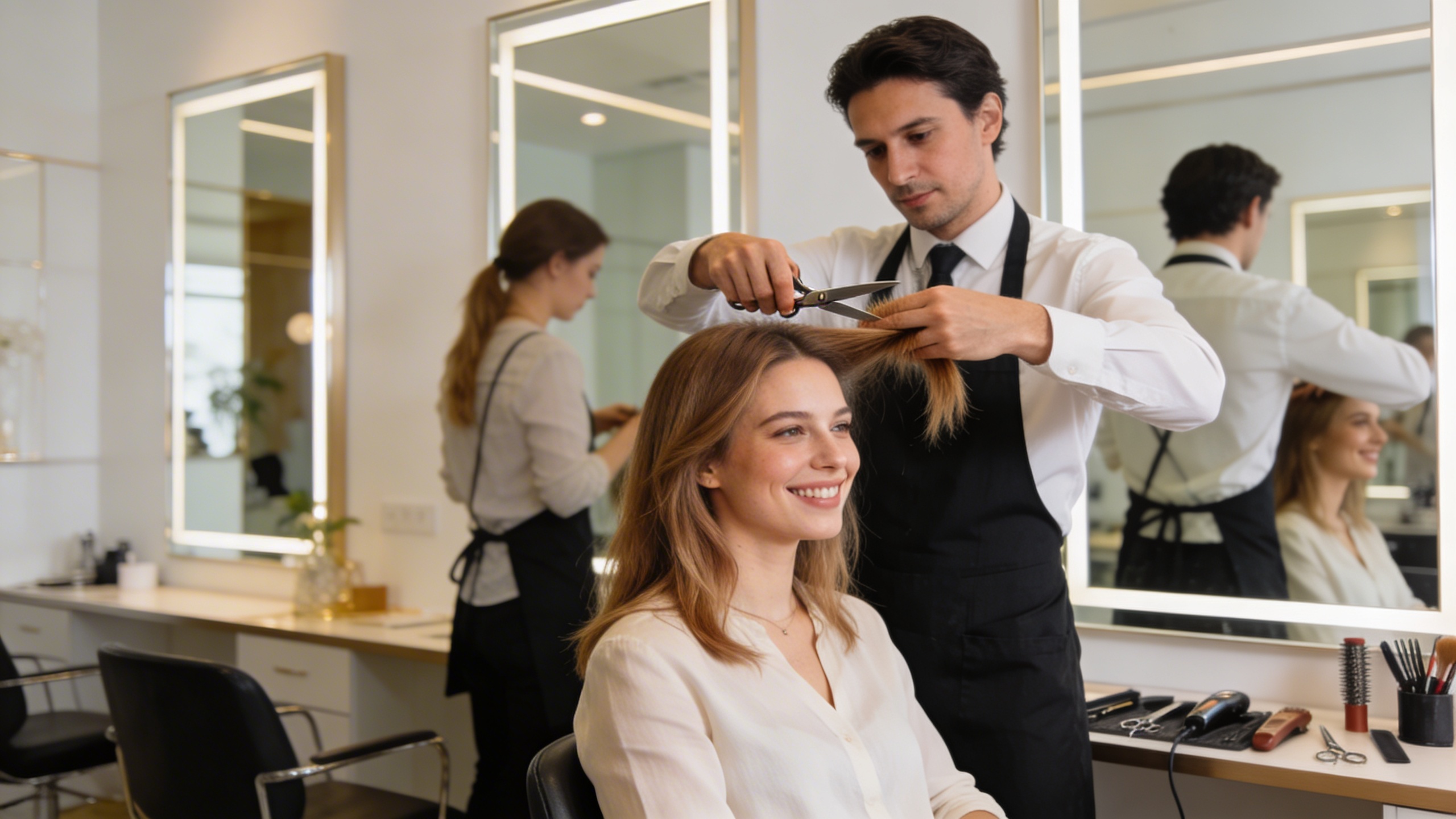 Coiffeuse professionnelle en pleine action, coupant les cheveux d'une cliente souriante dans un salon de coiffure élégant et animé, avec des reflets de lumière naturelle sur les miroirs, style photographie éditoriale