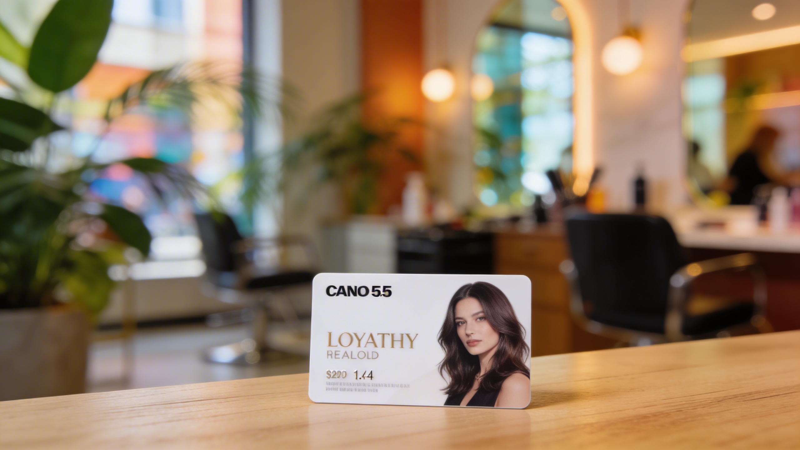 Gros plan sur une carte de fidélité élégante pour un salon de coiffure, avec un design moderne et un tampon sur une case, sur fond flou d'un salon de coiffure accueillant, lumière douce et naturelle, style photo éditorial