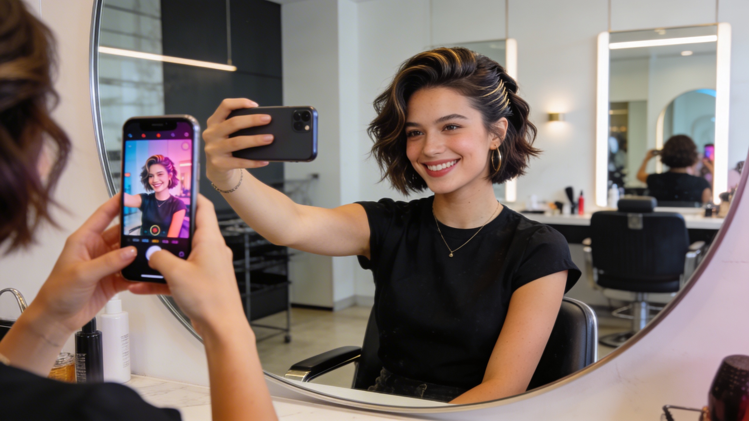Jeune femme souriante utilisant son smartphone pour prendre en photo sa nouvelle coiffure dans un miroir de salon de coiffure, avec un filtre créatif, lumière naturelle, ambiance moderne et jeune, style photo lifestyle