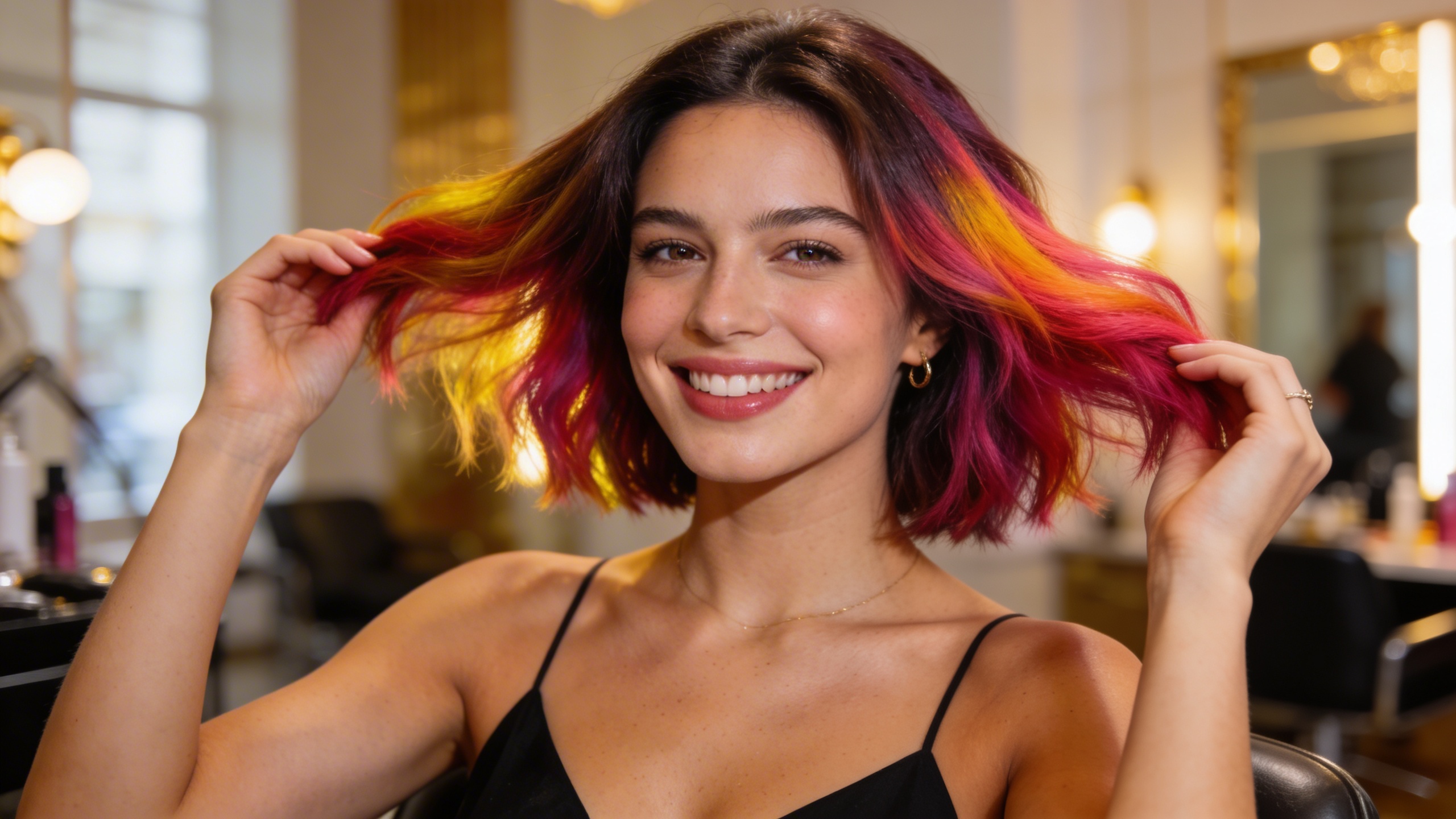 Une femme joyeuse et élégante montrant fièrement sa nouvelle coupe de cheveux et sa coloration vibrante, réalisée dans un salon de coiffure moderne. La lumière est douce et flatteuse, mettant en valeur la texture des cheveux et la satisfaction de la cliente. Style photo éditorial de mode.