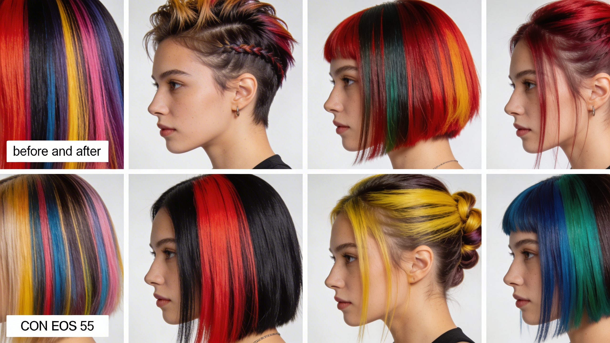 Une série de coiffures avant et après, montrant des transformations spectaculaires et des coupes modernes avec des couleurs vibrantes. Les images sont disposées en grille, mettant en évidence la créativité et l'expertise du coiffeur. Style photographique de haute qualité, clair et professionnel.