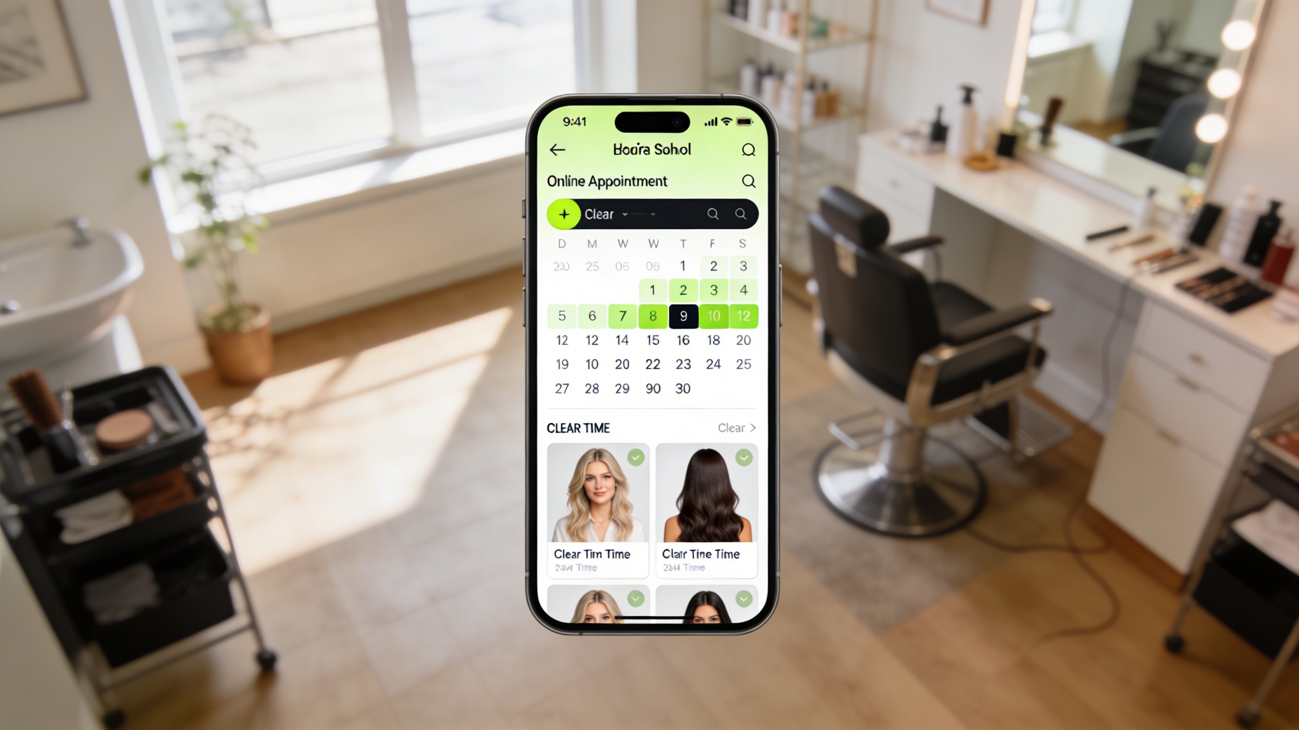 Un smartphone affichant une application de prise de rendez-vous en ligne pour un salon de coiffure, avec un calendrier clair et des créneaux disponibles. En arrière-plan, on aperçoit un salon de coiffure propre et organisé, symbolisant l'efficacité et la modernité. Lumière du jour, style épuré et professionnel.