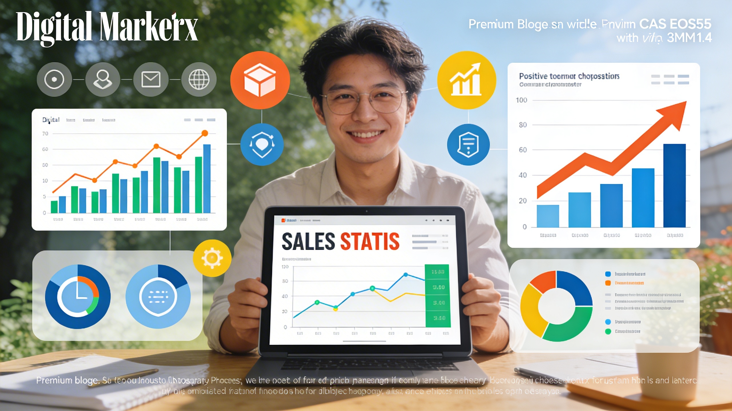 Entrepreneur dynamique devant une tablette affichant des statistiques de ventes positives, entouré de graphiques et d'icônes symbolisant la croissance et le marketing digital, ambiance de succès et d'innovation, style photo éditorial magazine, lumière du jour éclatante.