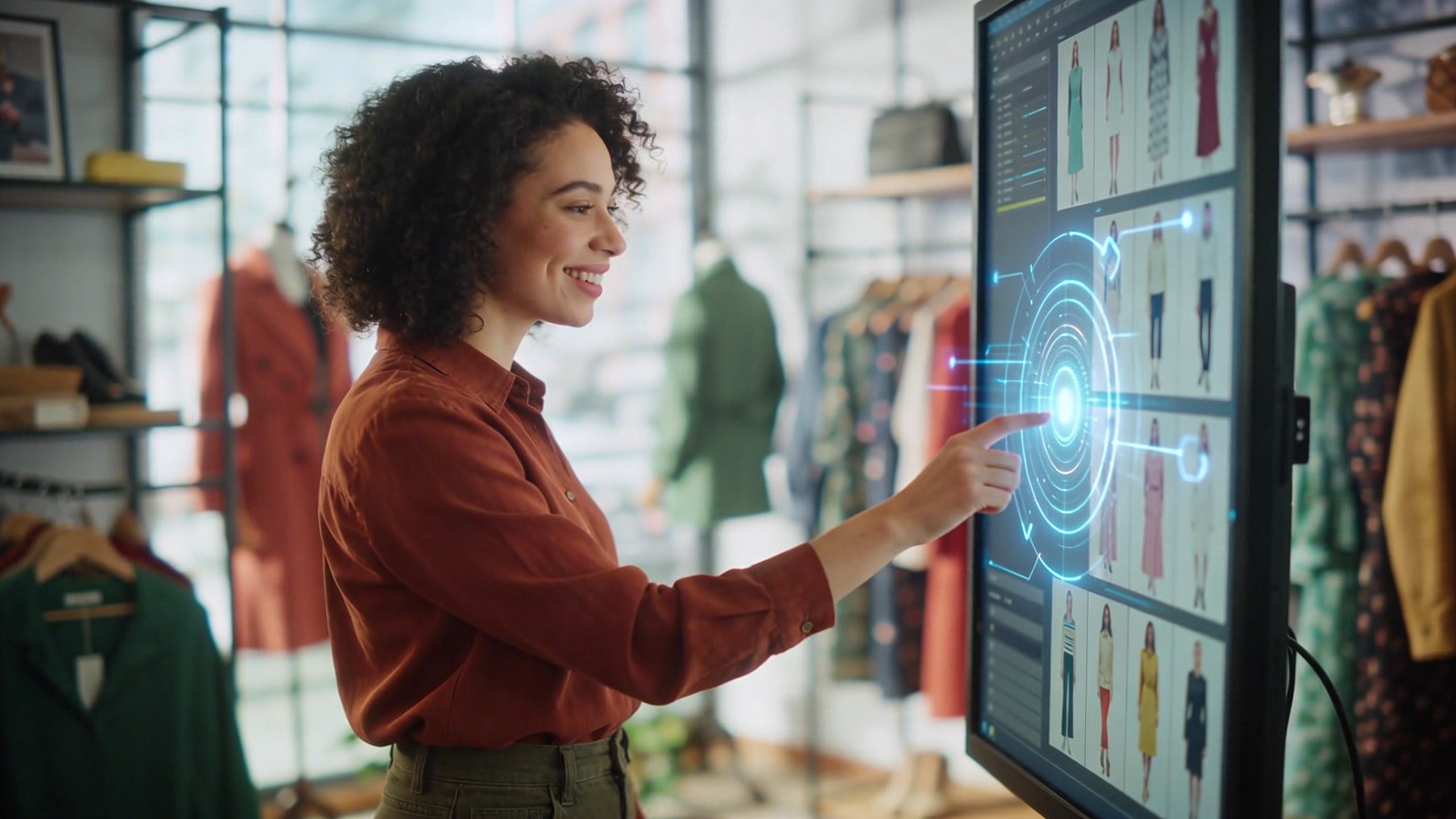 Une femme propriétaire de petite boutique de mode examine des images générées par IA sur un grand écran, le regard satisfait, des vêtements stylés en arrière-plan flou, ambiance créative et moderne, style photo éditorial magazine, lumière douce et naturelle.