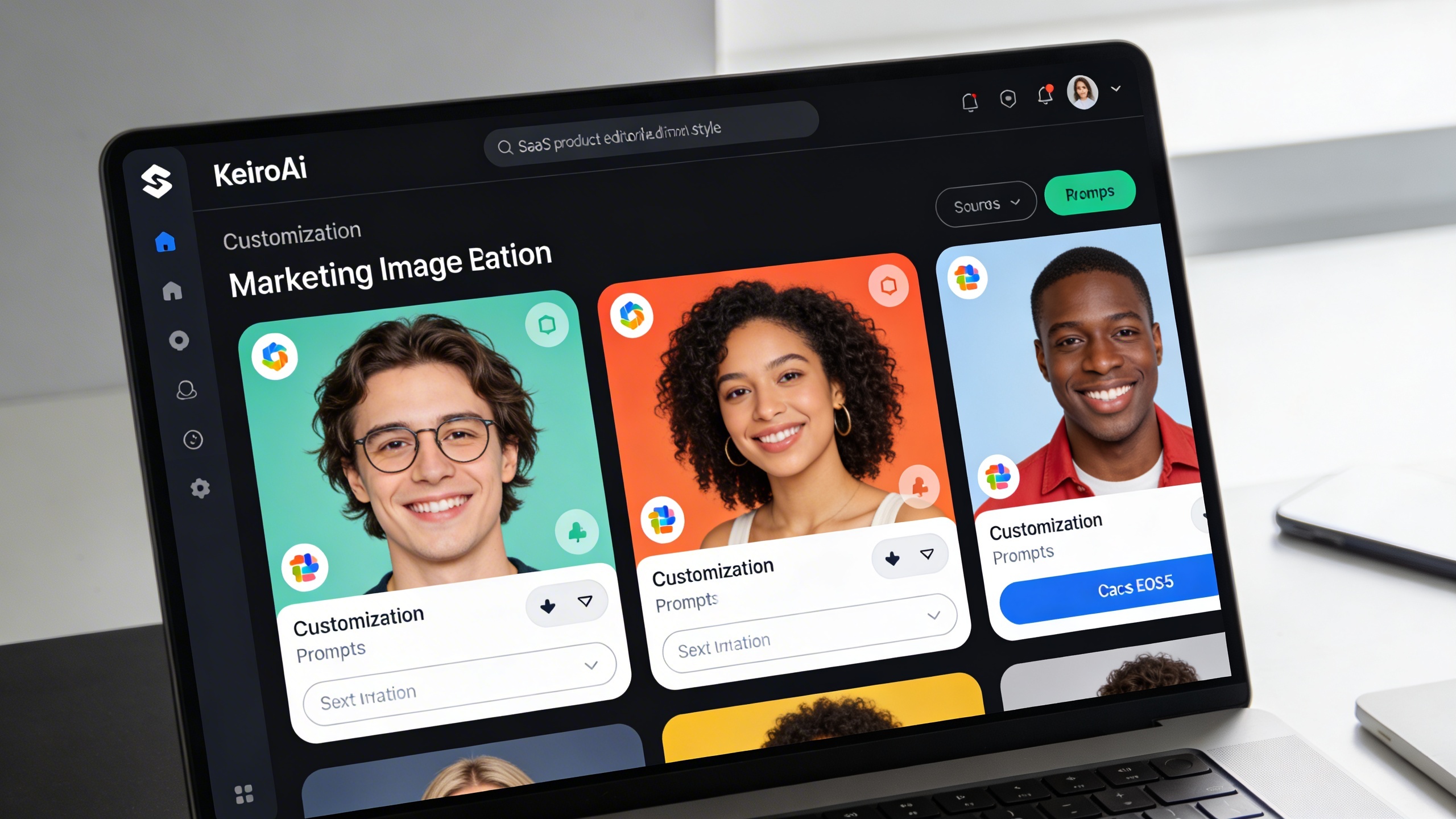 Interface utilisateur de KeiroAI affichant des options de personnalisation pour la génération d'images marketing, avec des icônes intuitives et des champs de texte pour les prompts, l'écran est intégré dans un environnement de travail moderne et épuré, style photo éditorial de produit SaaS, lumière douce et réfléchie.