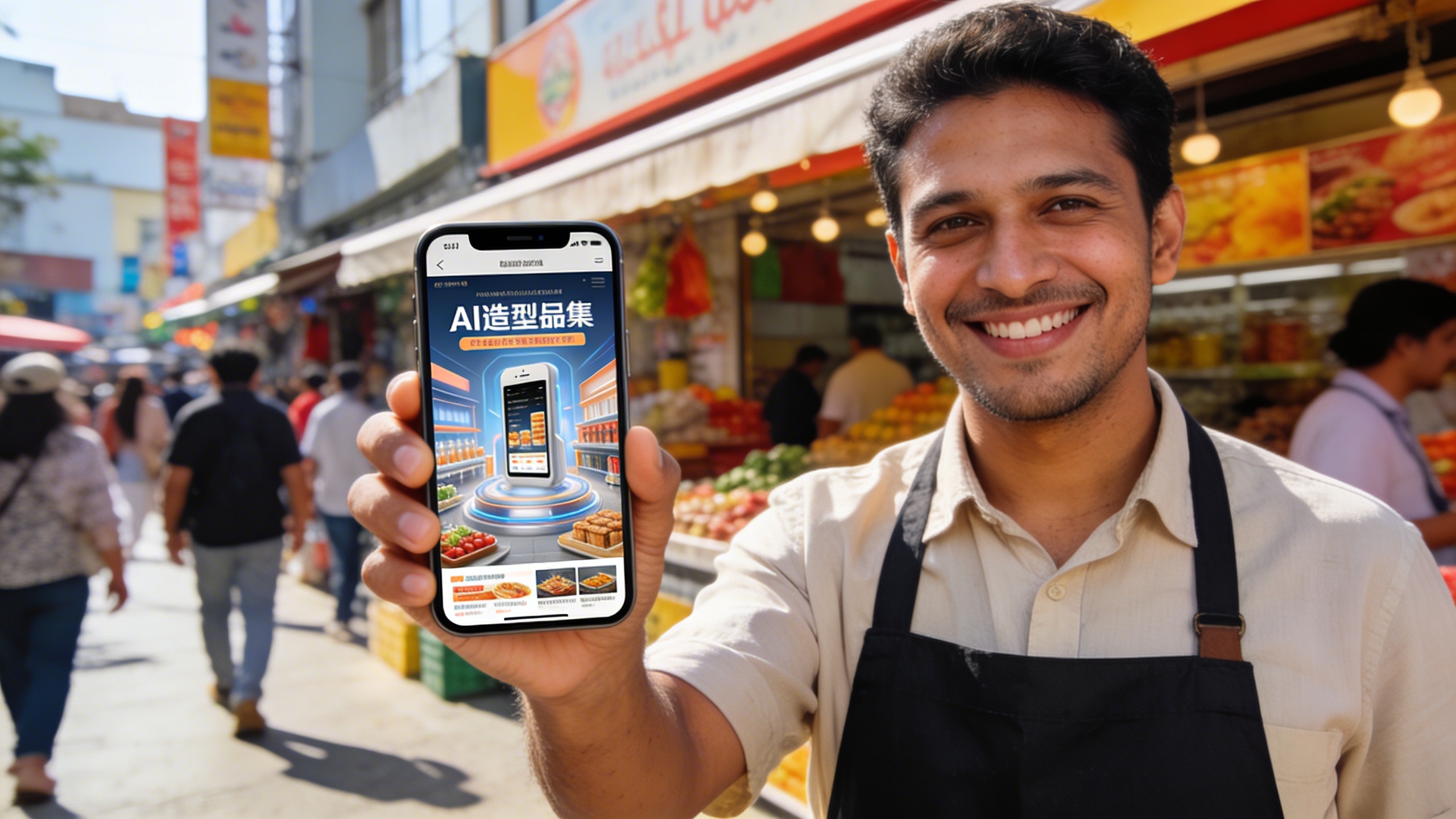 Un commerçant local souriant montrant fièrement un visuel marketing de haute qualité généré par IA sur son smartphone, devant sa boutique animée, des clients passent en arrière-plan, ambiance moderne et réussie, style photo éditorial magazine, lumière du jour éclatante, couleurs chaudes.