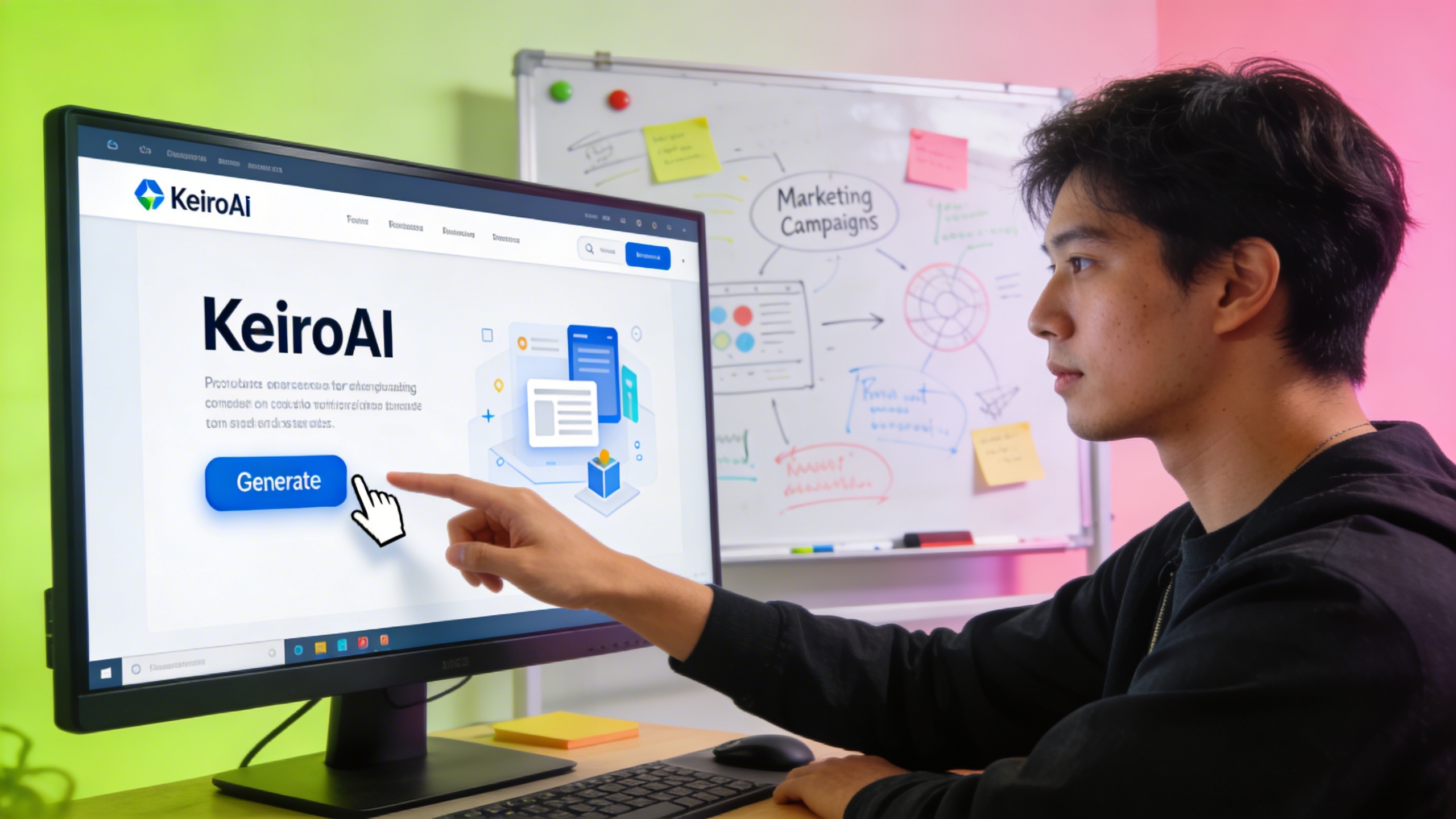 Un entrepreneur concentré utilisant KeiroAI sur un grand écran, le curseur pointant sur un bouton 'Générer', derrière lui, un tableau blanc avec des idées de campagnes marketing et des notes, ambiance de brainstorming et de productivité, style photo éditorial de startup tech, couleurs vives et modernes.