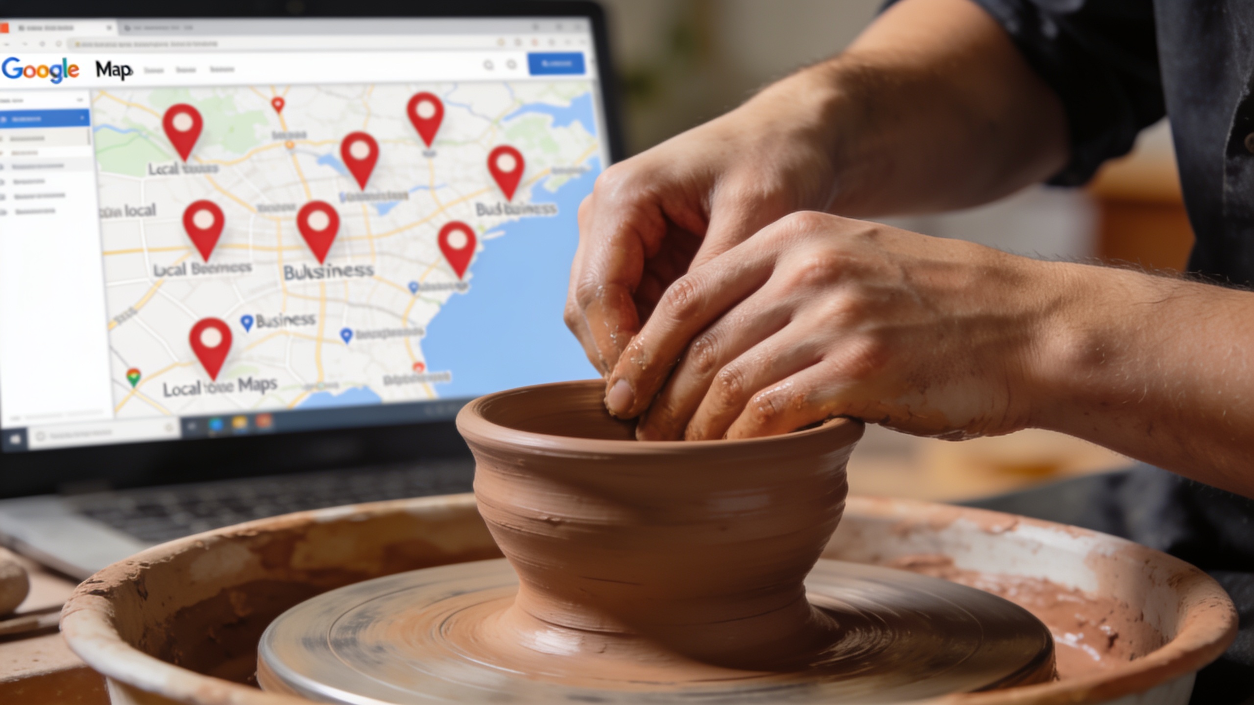 Gros plan sur les mains d'un artisan potier façonnant de l'argile, avec un écran d'ordinateur flou en arrière-plan montrant une carte Google Maps avec des épingles de commerces locaux. Style photo réaliste, lumière douce et naturelle, composition centrée sur l'action.