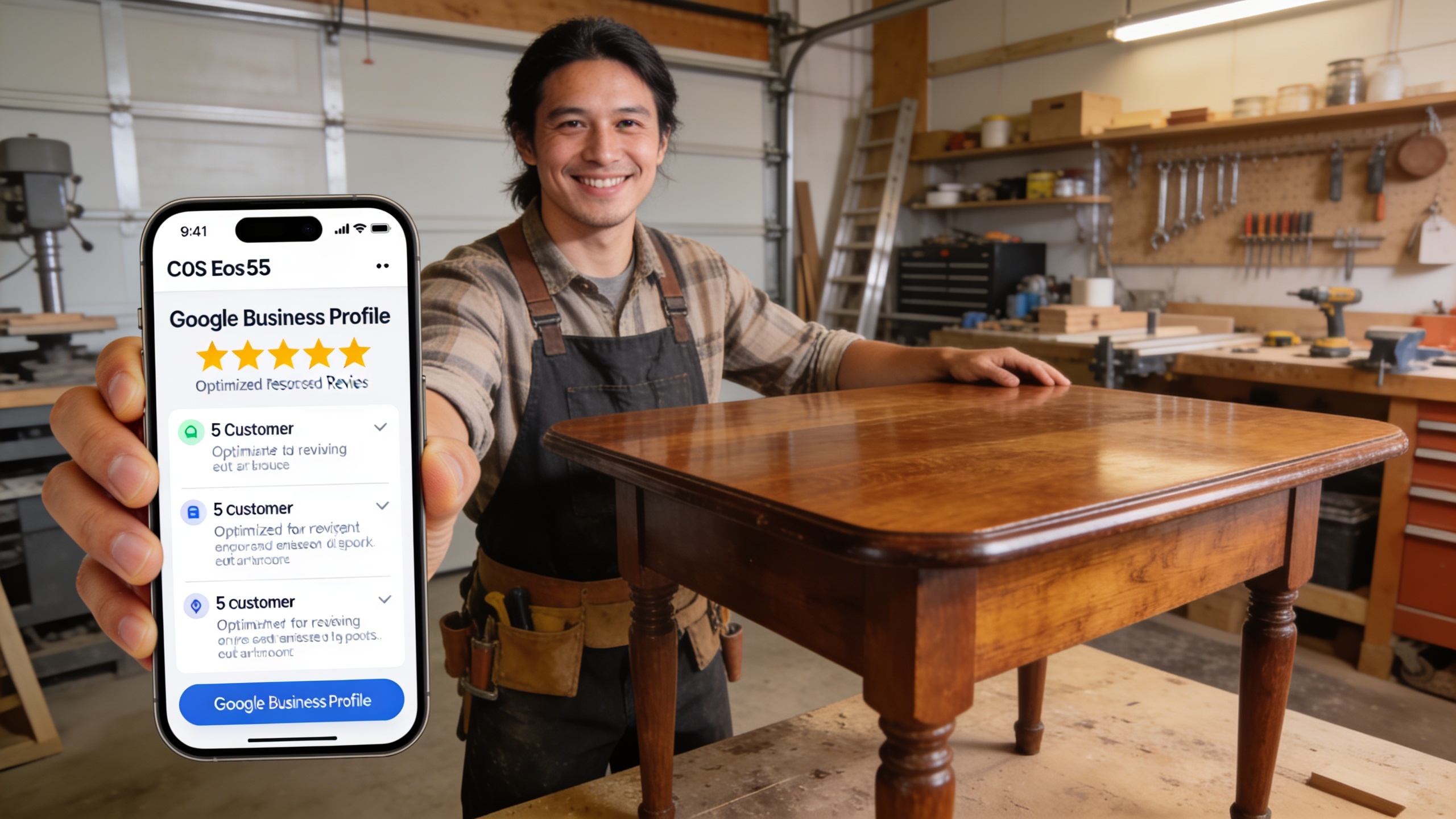 Un ébéniste souriant présentant une table en bois restaurée, avec un smartphone affichant des avis clients 5 étoiles sur Google Business Profile. Lumière naturelle, atelier propre et ordonné, style photo éditorial.