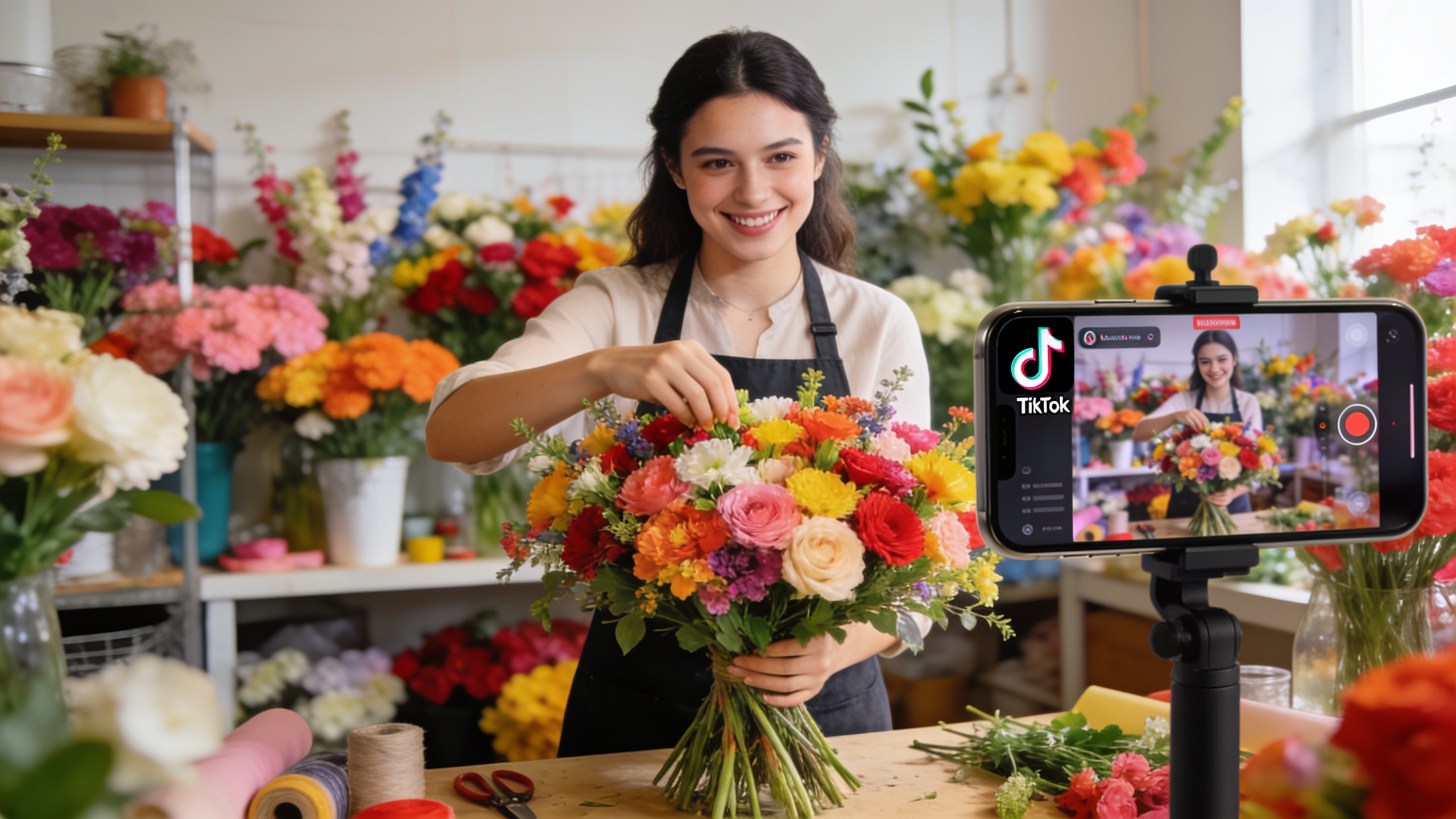Une artisane fleuriste créant un bouquet coloré, filmée avec un smartphone pour un Reel TikTok, avec des hashtags locaux comme #fleuristeParis et #artisanat. Ambiance lumineuse et créative, style vidéo UGC de haute qualité.