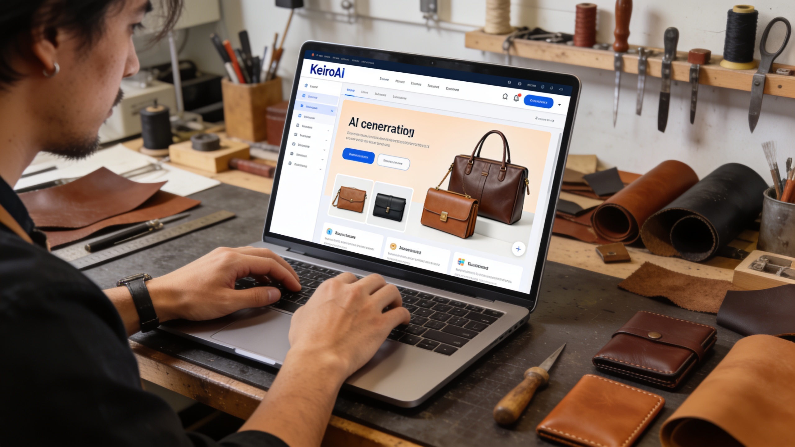 Un artisan maroquinier utilisant la plateforme KeiroAI sur un ordinateur portable, avec des visuels marketing de ses produits en cuir générés par IA affichés à l'écran. L'interface est intuitive, les couleurs sont douces. Style photo réaliste, ambiance de travail moderne et efficace.